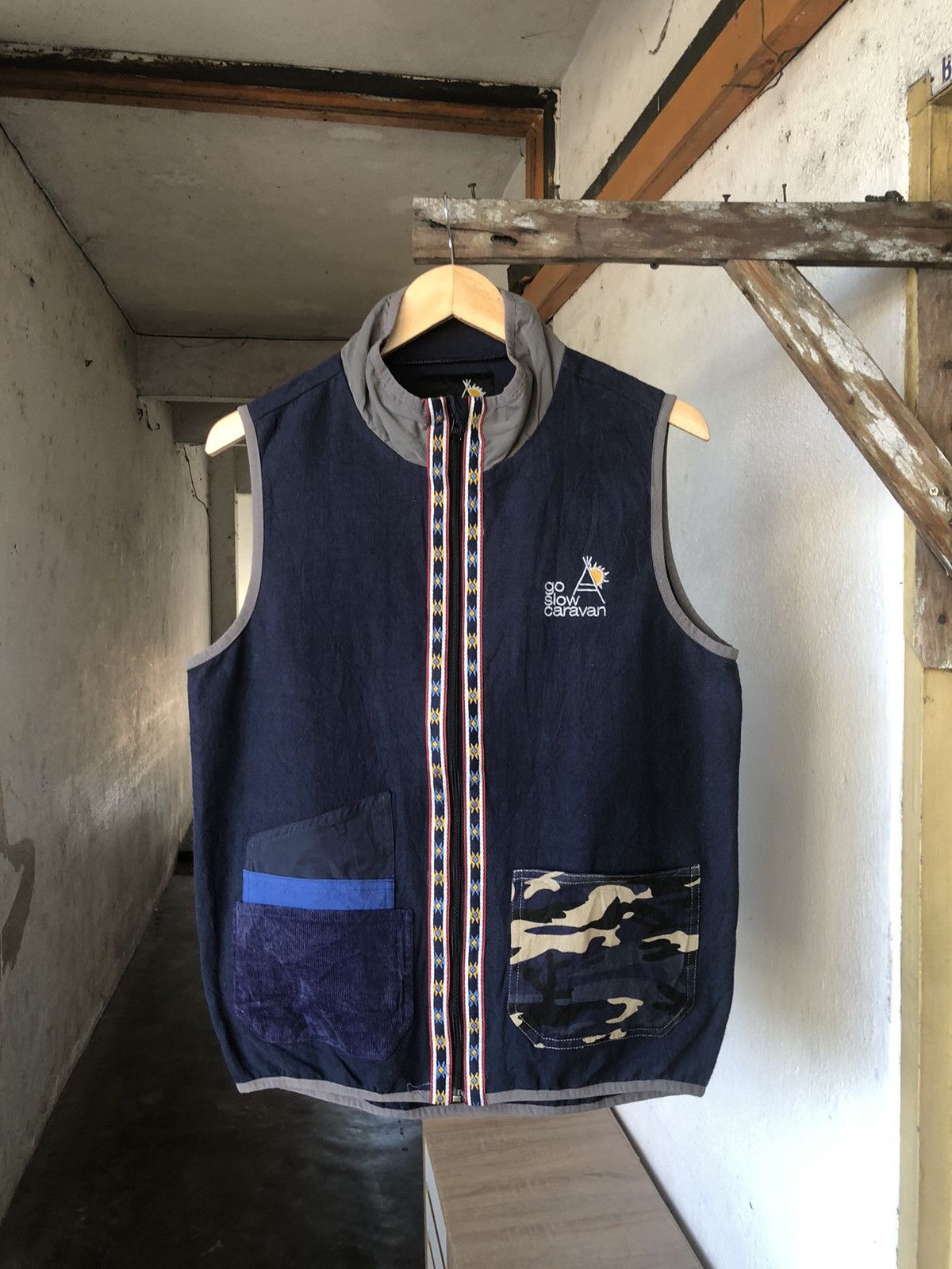 image of Vintage Go Slow Caravan Native Patchwork Pocket Vest in Blue, Men's (Size Medium)