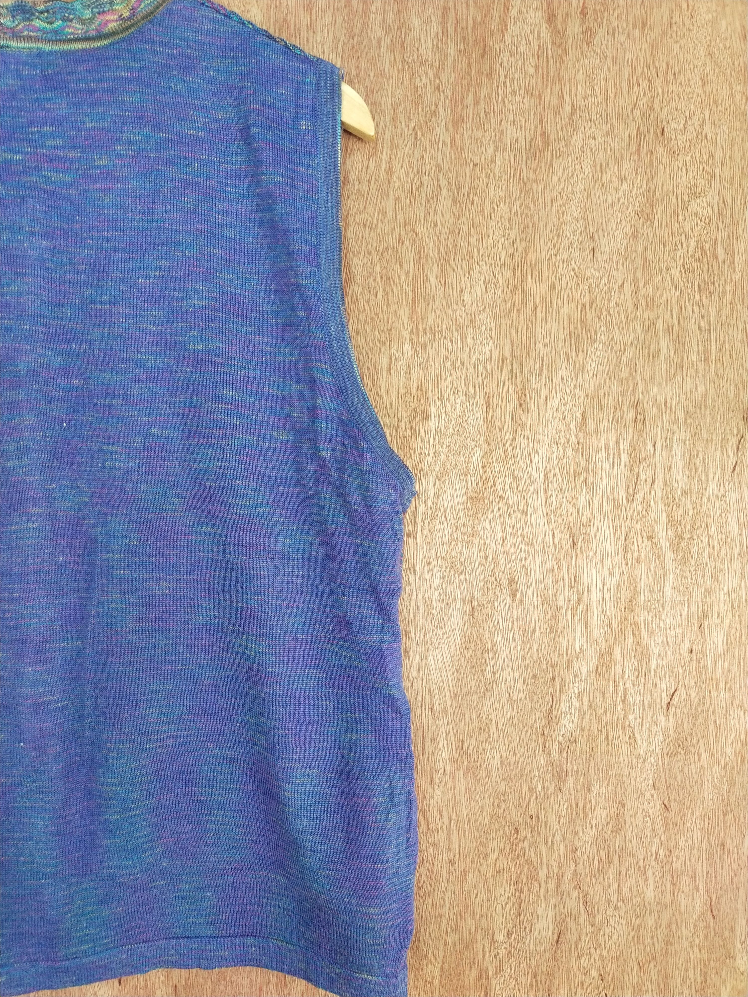 Vintage Financier blue colourful sleeveless cardigan knitwear #S098 Size US L / EU 52-54 / 3 - 9 Thumbnail