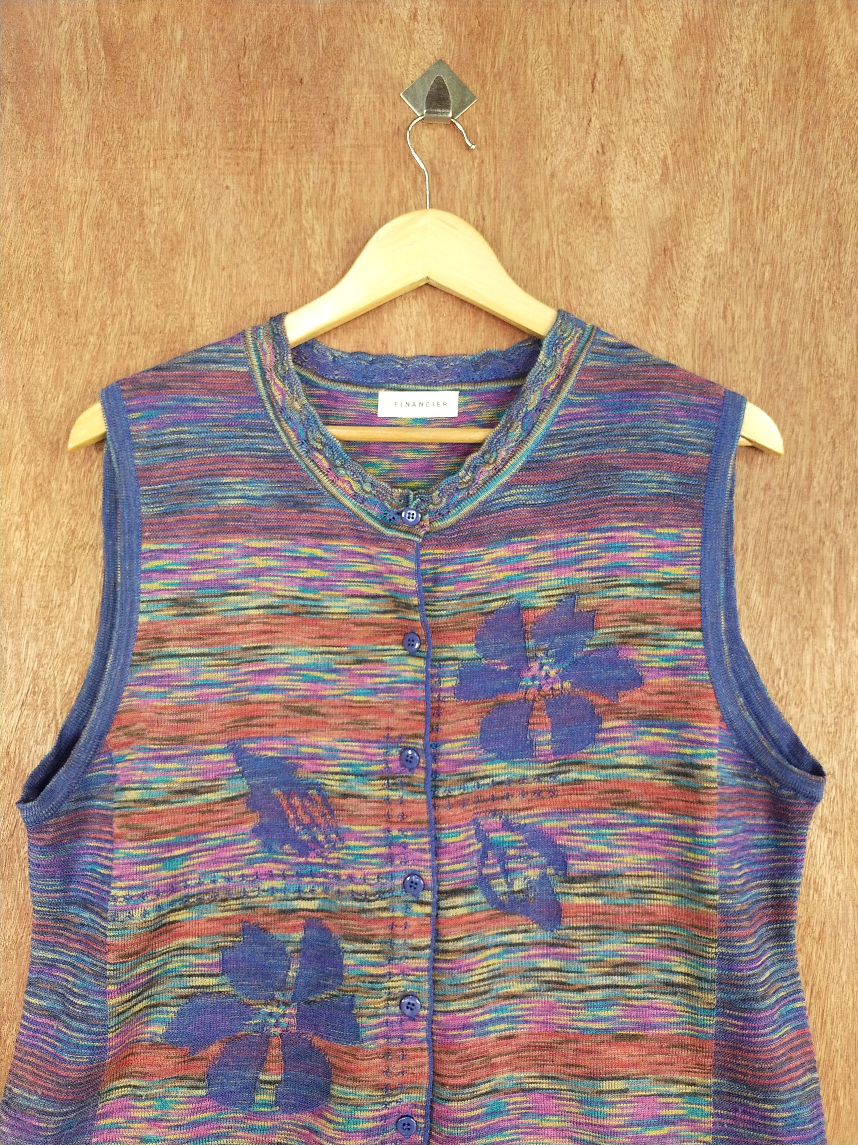 Vintage Financier blue colourful sleeveless cardigan knitwear #S098 Size US L / EU 52-54 / 3 - 2 Thumbnail
