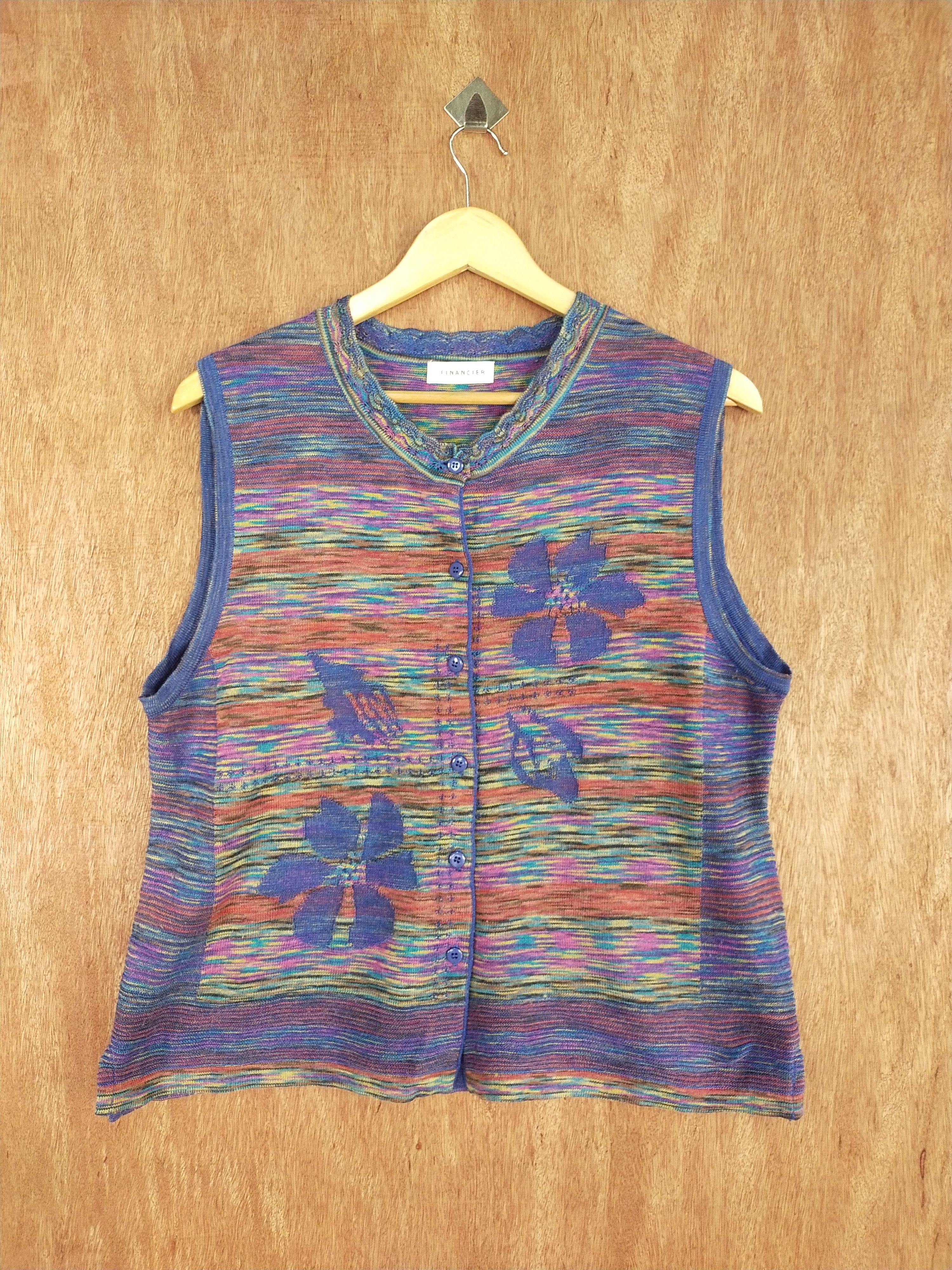 Vintage Financier blue colourful sleeveless cardigan knitwear #S098 Size US L / EU 52-54 / 3 - 1 Thumbnail