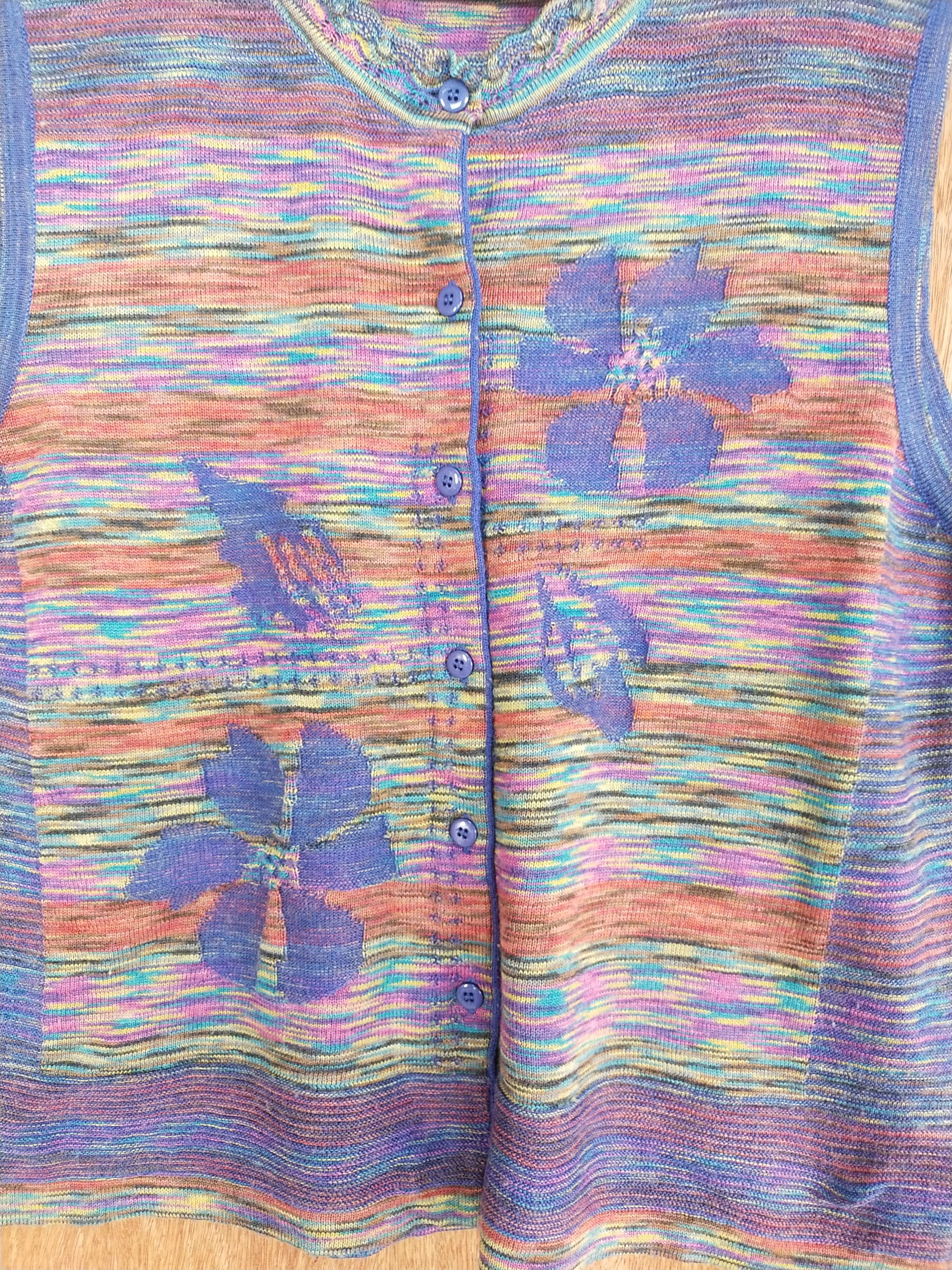 Vintage Financier blue colourful sleeveless cardigan knitwear #S098 Size US L / EU 52-54 / 3 - 5 Thumbnail
