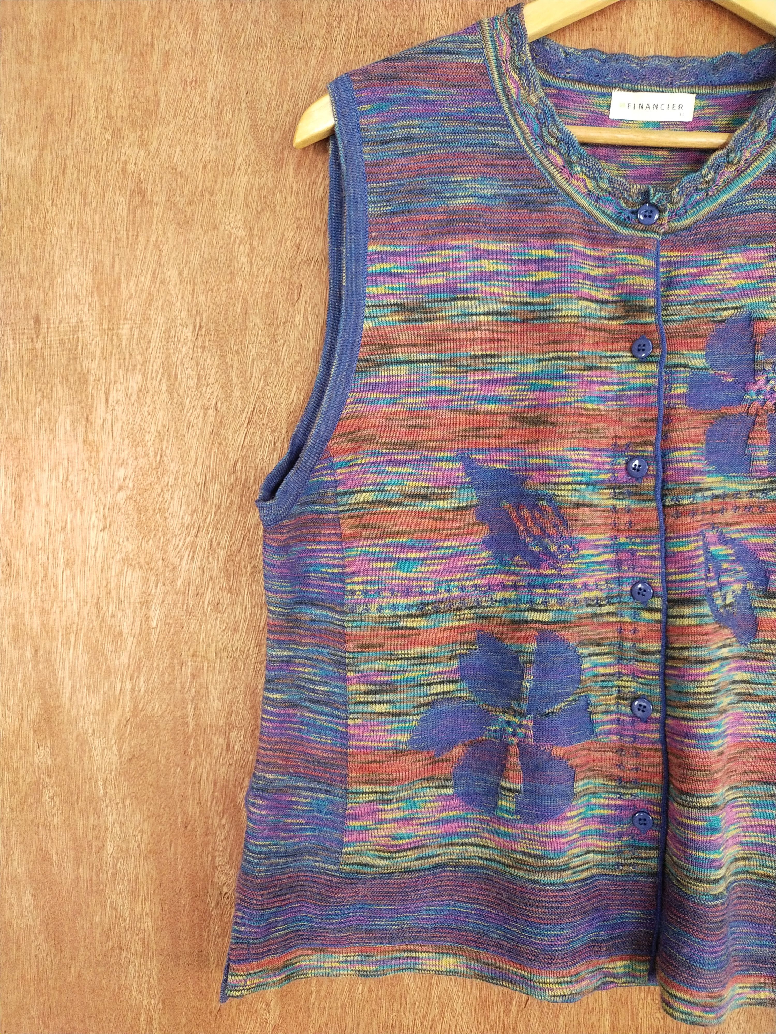 Vintage Financier blue colourful sleeveless cardigan knitwear #S098 Size US L / EU 52-54 / 3 - 4 Thumbnail
