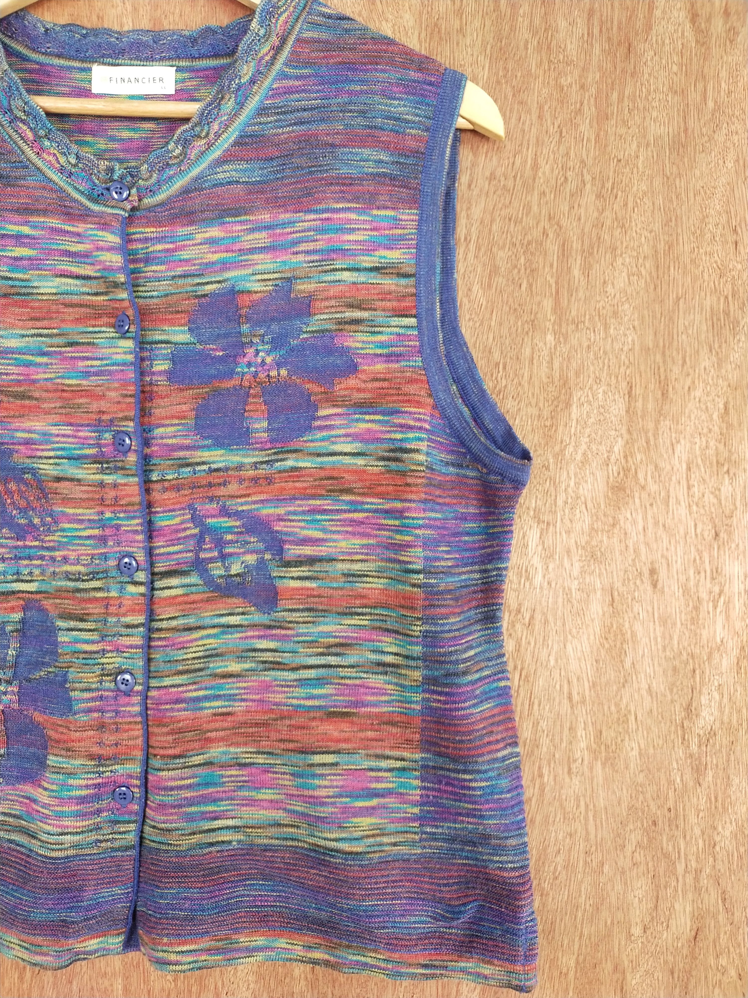 Vintage Financier blue colourful sleeveless cardigan knitwear #S098 Size US L / EU 52-54 / 3 - 3 Thumbnail