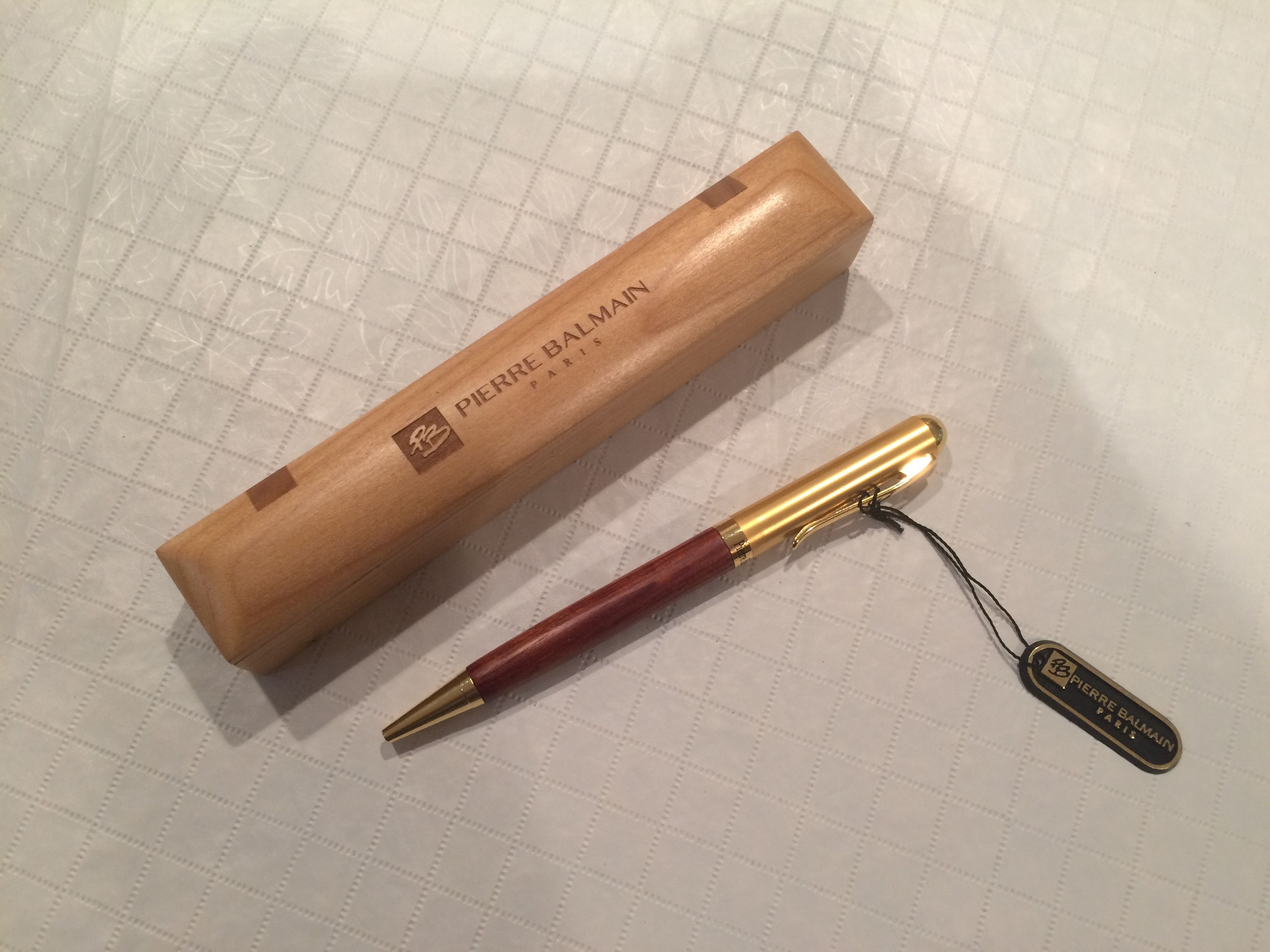 image of Vintage Pierre Balmain Paris Ball Point Wooden Pen Wood Case in Gold, Men's