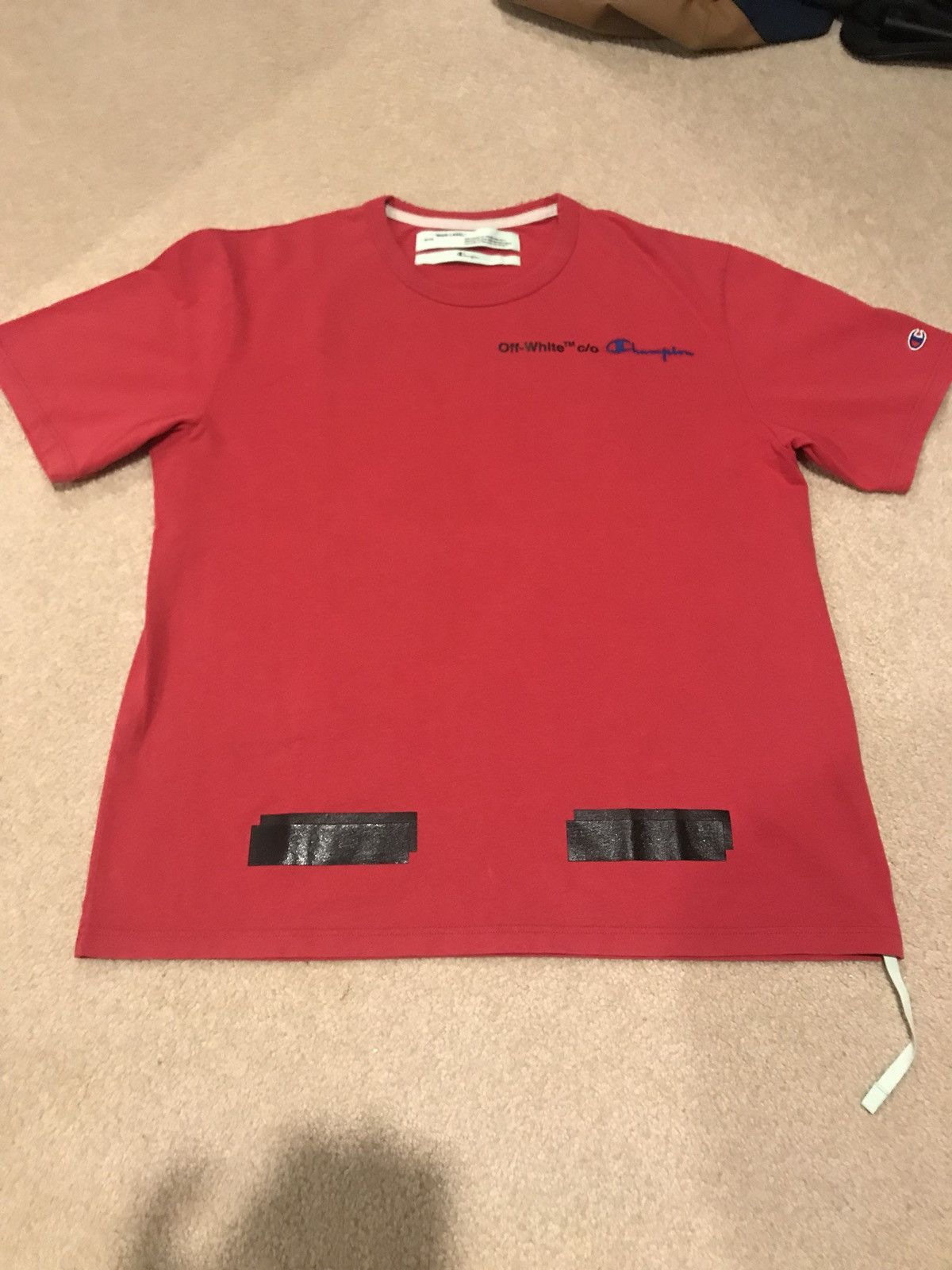 Off white hot sale champion tee red