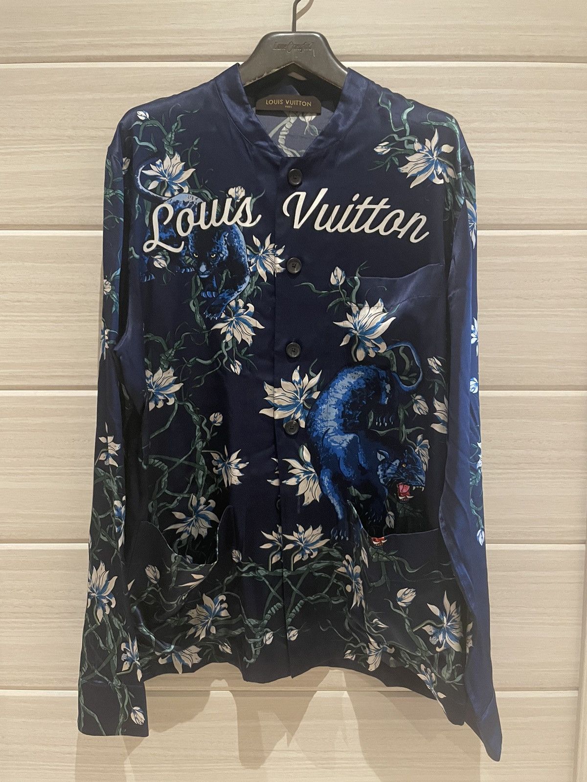 Louis Vuitton x Supreme Navy Blue Monogram Jacquard Satin Pajama Shirt L