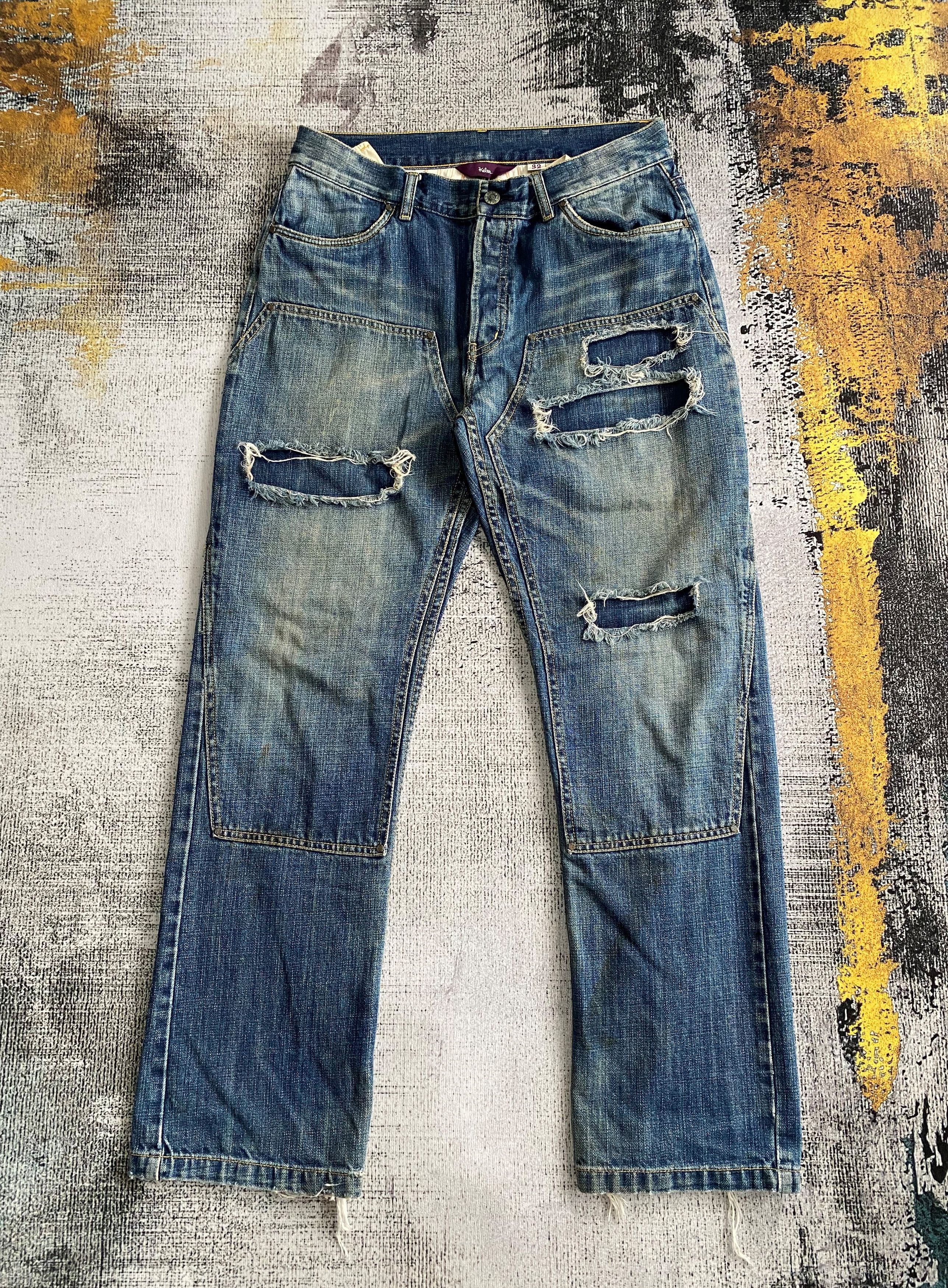 image of Japanese Kelen Double Knee Rusty Wash Distressed Denim in Rusty Distressed Denim, Men's (Size 32)
