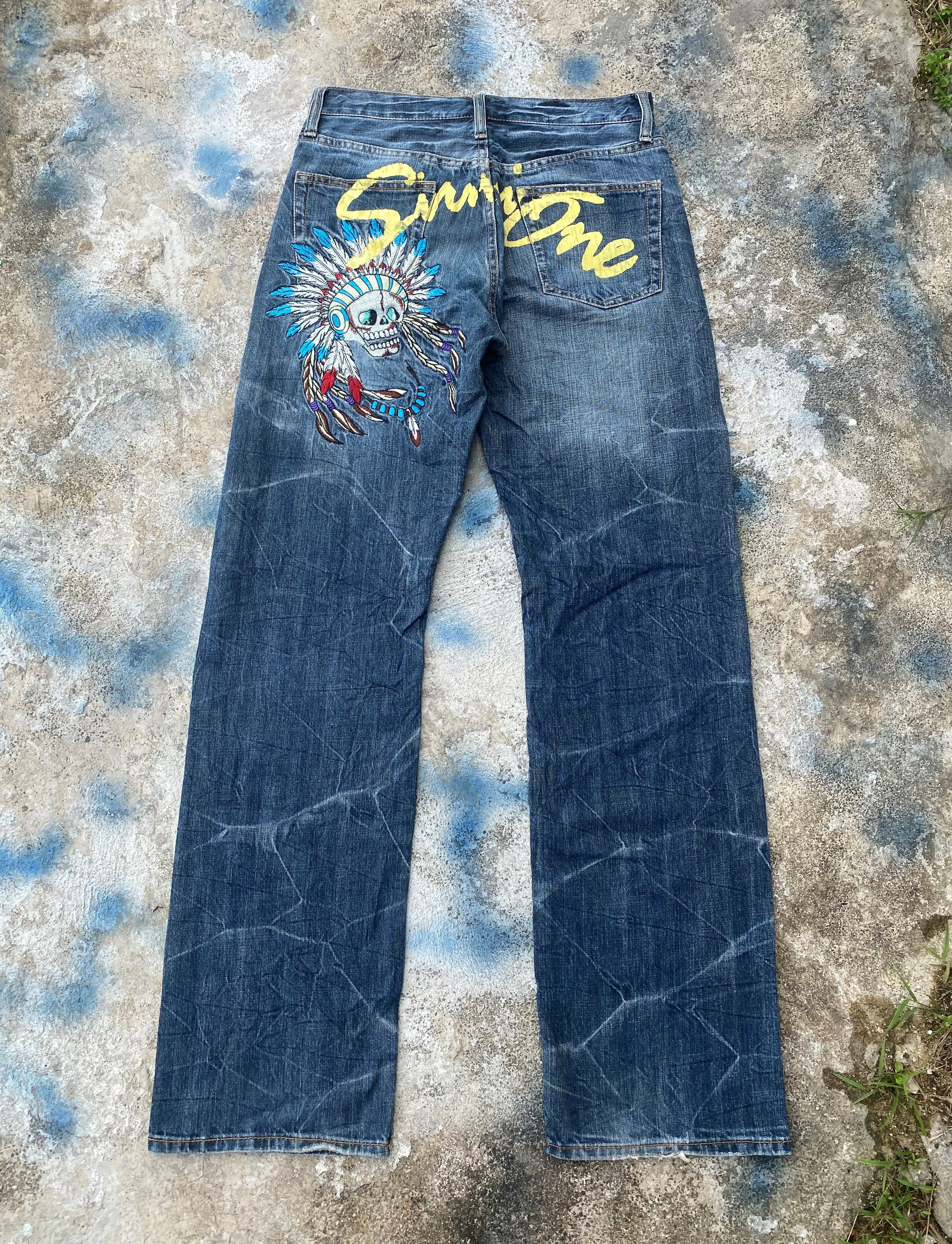 Japanese Brand RARE🔥Skull Pants Light Wash Whiskers Distressed Denim Size US 29 - 1 Thumbnail
