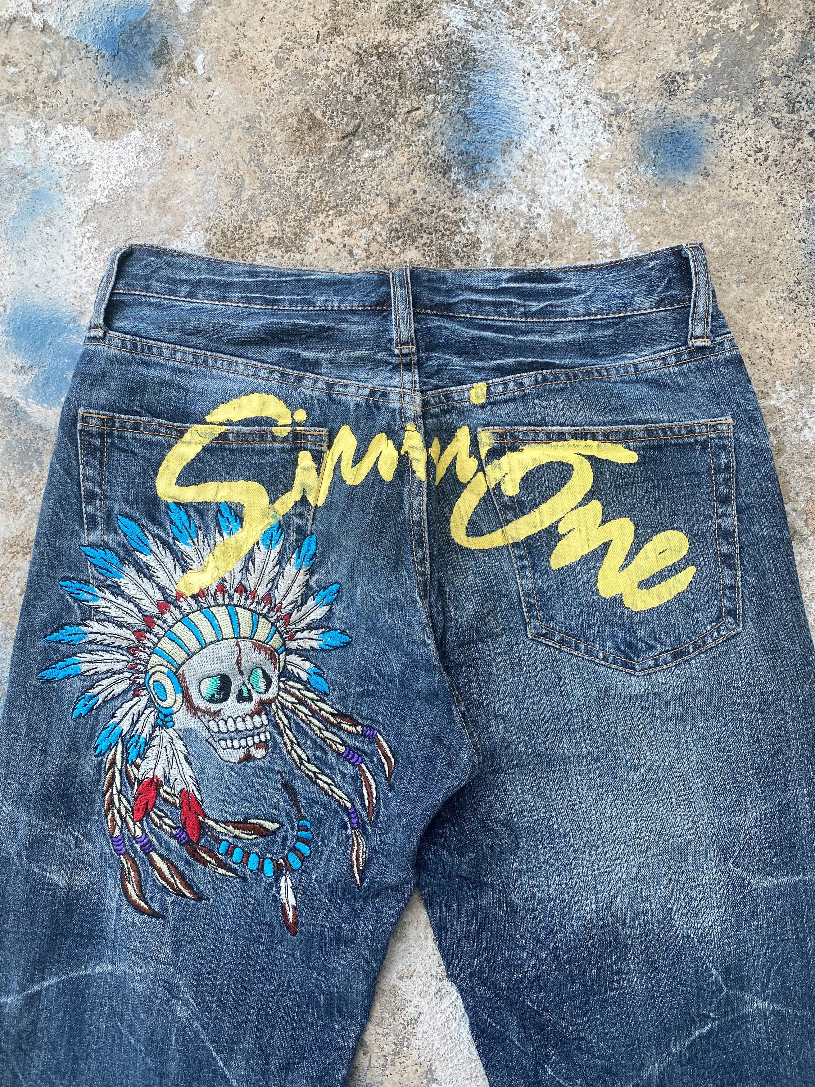Japanese Brand RARE🔥Skull Pants Light Wash Whiskers Distressed Denim Size US 29 - 3 Thumbnail