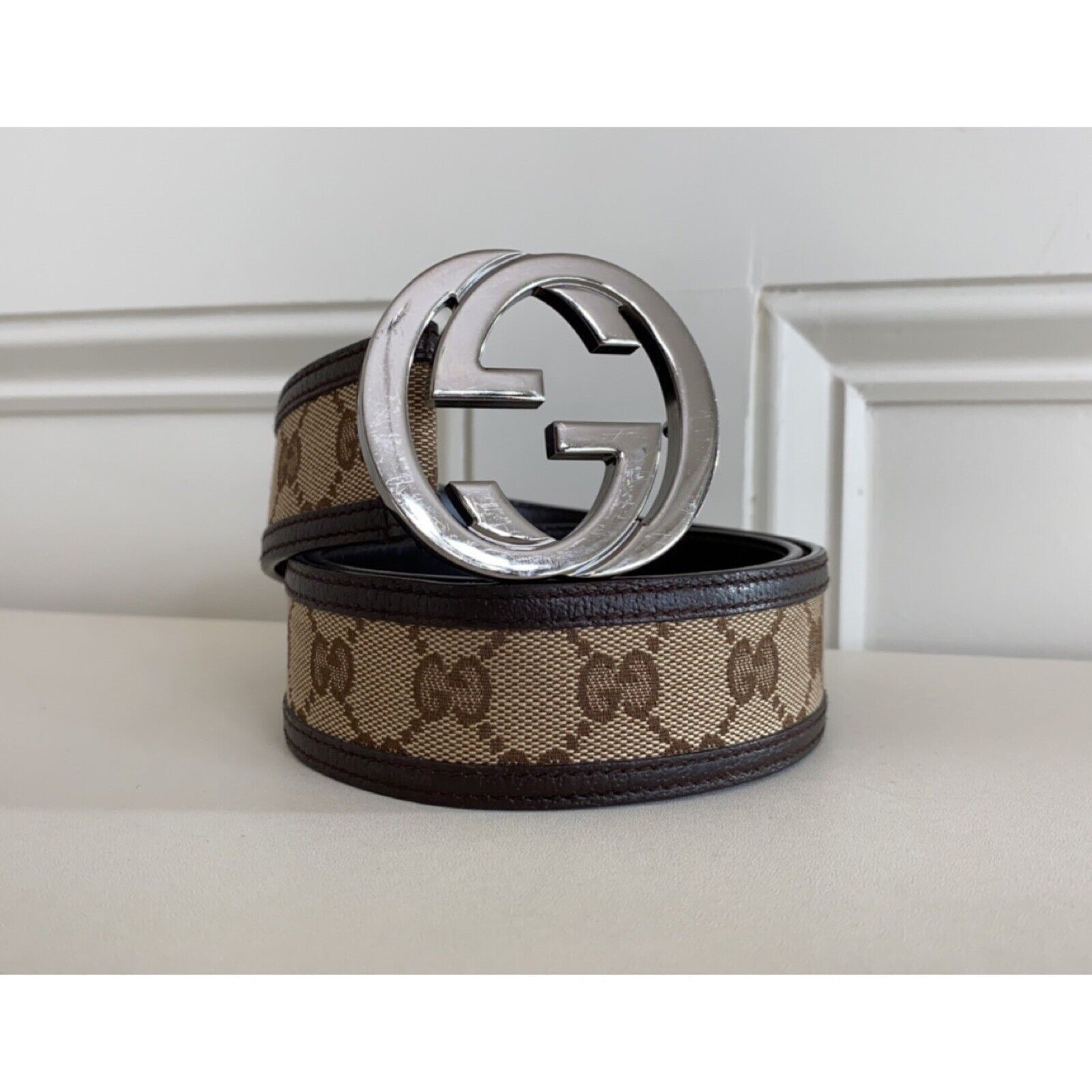 Gucci Dark Brown Leather Belt with Silver GG Buckle Authentic Gucci Monogram Brown Leather Belt With Silver Tone  main image 2