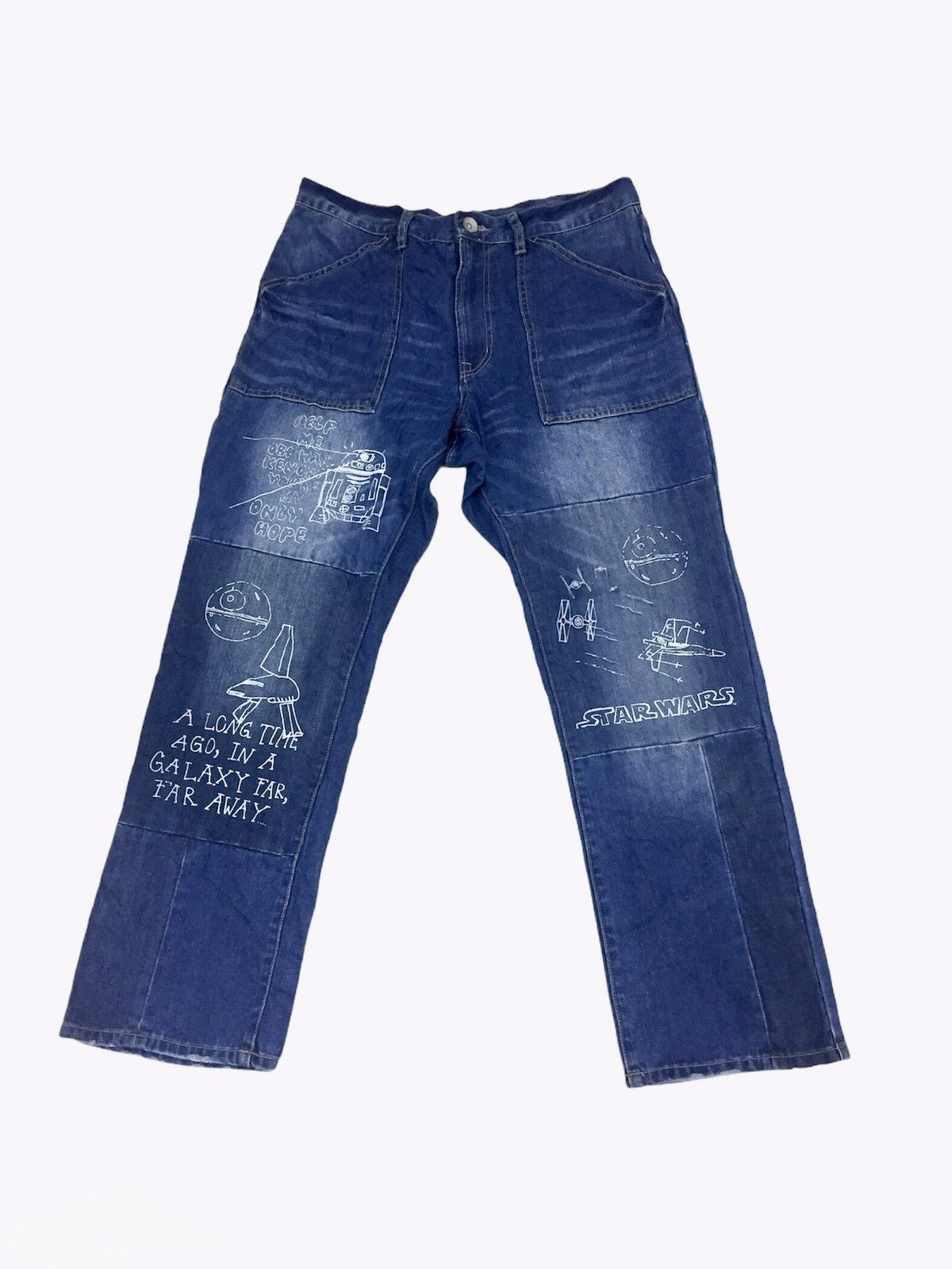 image of Japanese Printed Star Wars Movie Denim Pants in Blue, Men's (Size 34)
