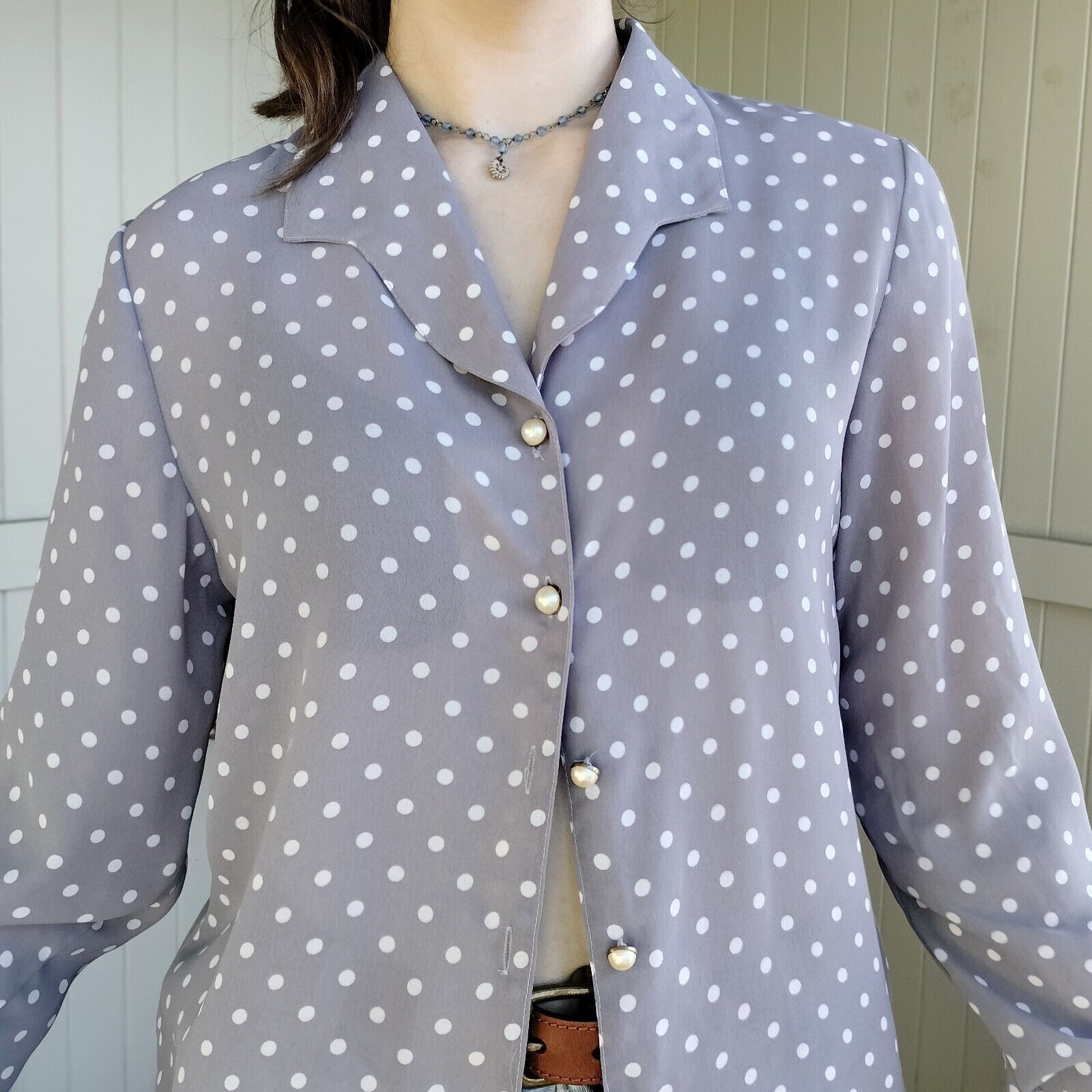 Designer × Man Made In Australia × Vintage Vintage 80s Blouse Polka Dot Button Up Bishop Sleeve Size M / US 6-8 / IT 42-44 - 6 Thumbnail