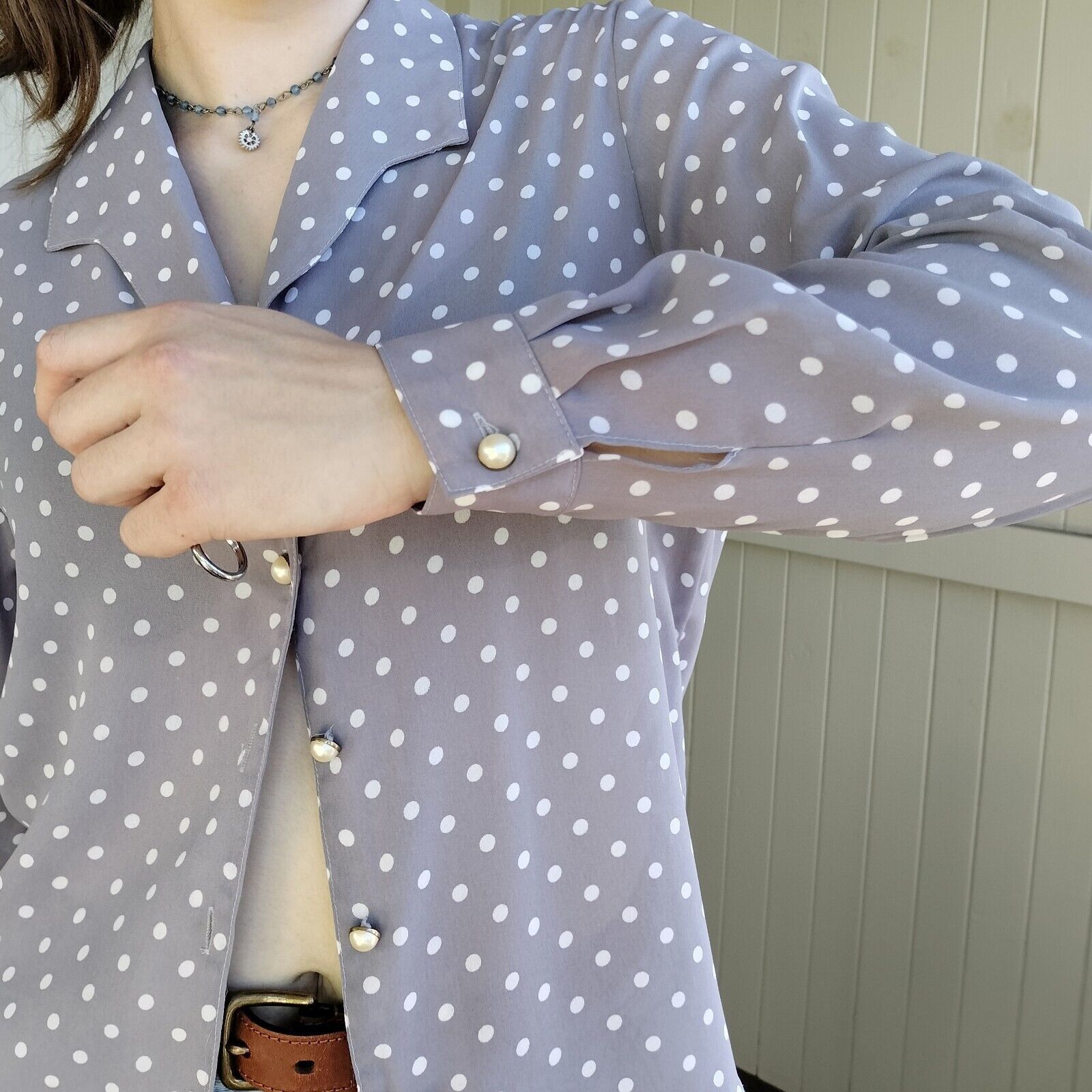 Designer × Man Made In Australia × Vintage Vintage 80s Blouse Polka Dot Button Up Bishop Sleeve Size M / US 6-8 / IT 42-44 - 7 Thumbnail