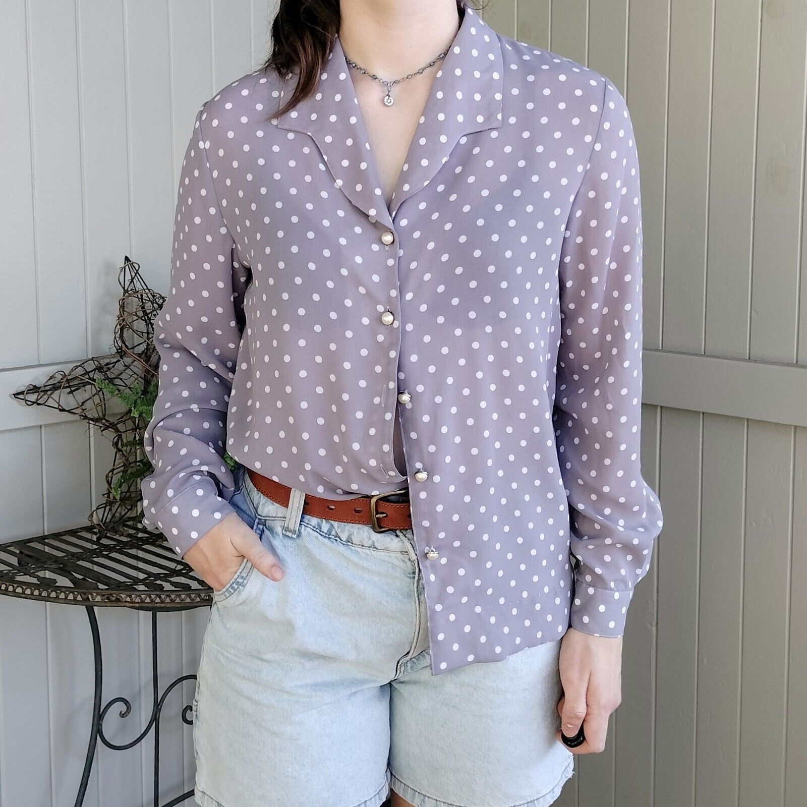 Designer × Man Made In Australia × Vintage Vintage 80s Blouse Polka Dot Button Up Bishop Sleeve Size M / US 6-8 / IT 42-44 - 2 Thumbnail