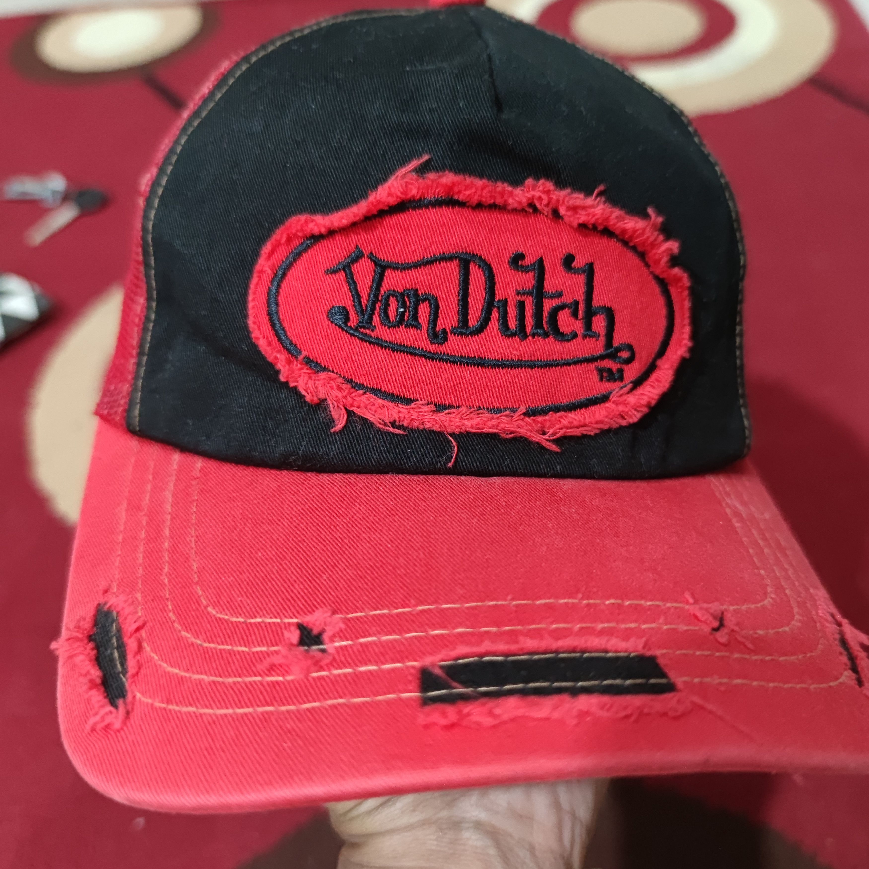 Von Dutch Vondutch Trucker Black Red Distresed Hat Cap Size ONE SIZE - 4 Thumbnail