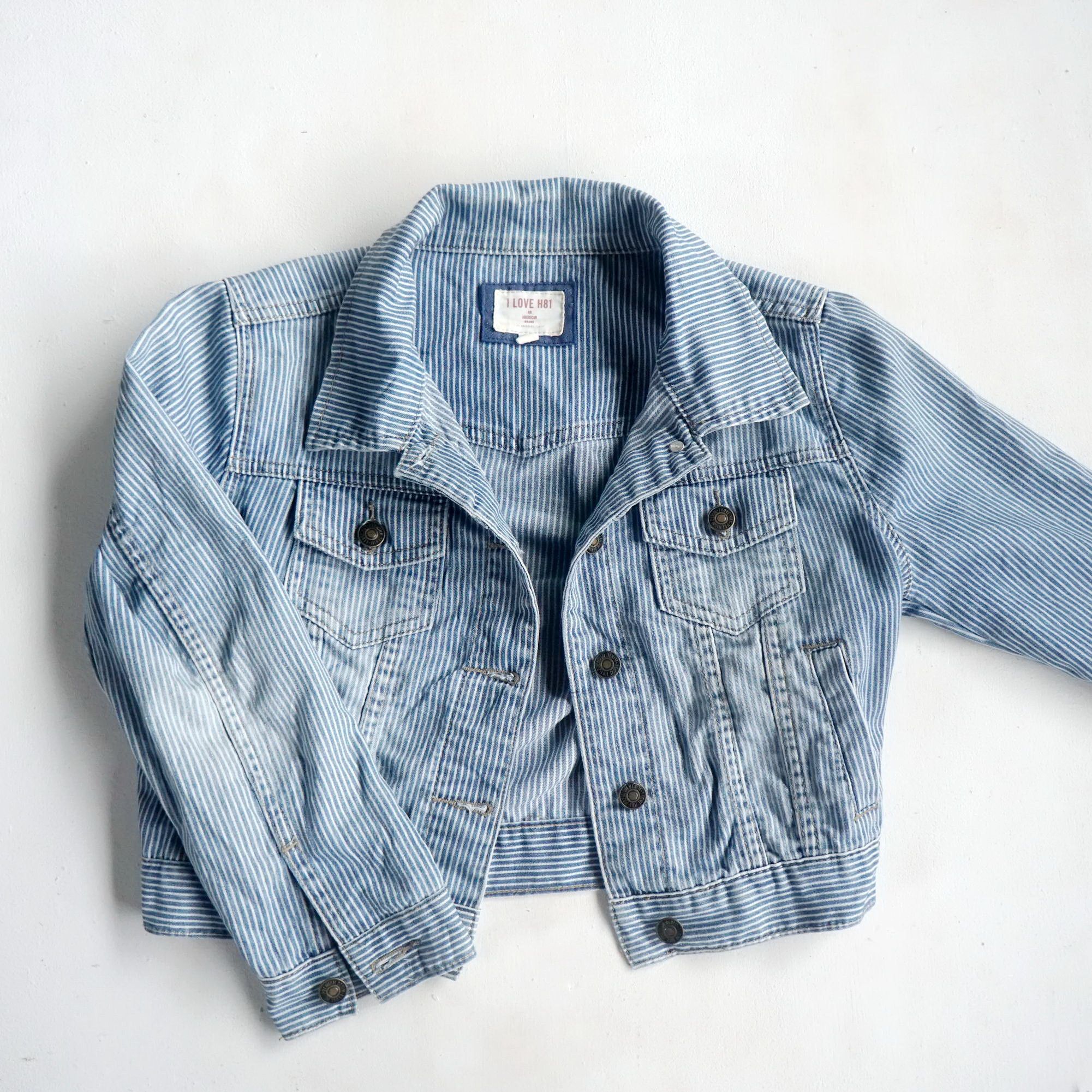 I LOVE H81 Hickory Striped Crop Denim Jacket