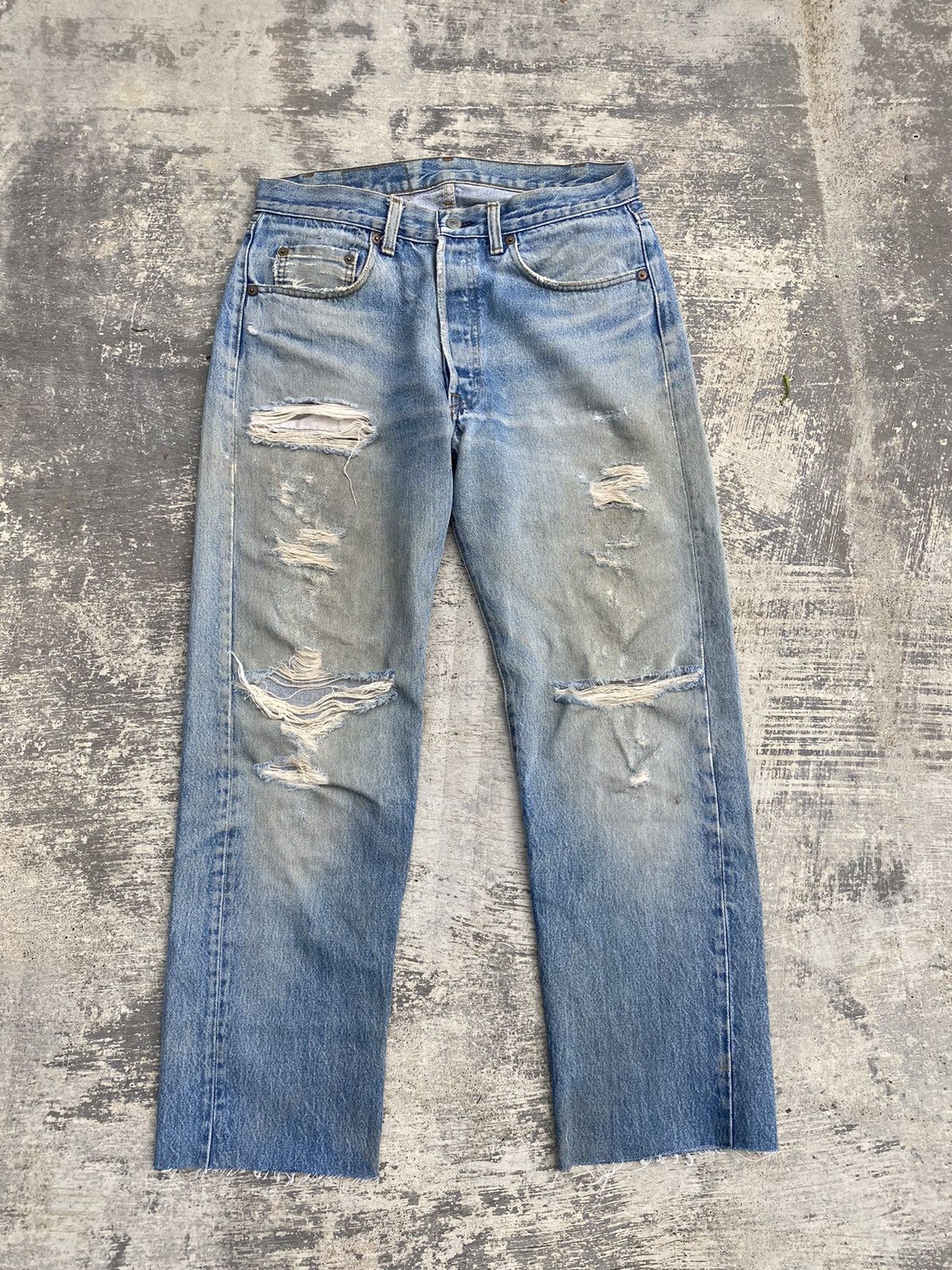 image of Distressed Denim x Levis Vintage 80's Levis 501 Distressed Cowboy Punk Grunge Gorpcore in Denim (Si