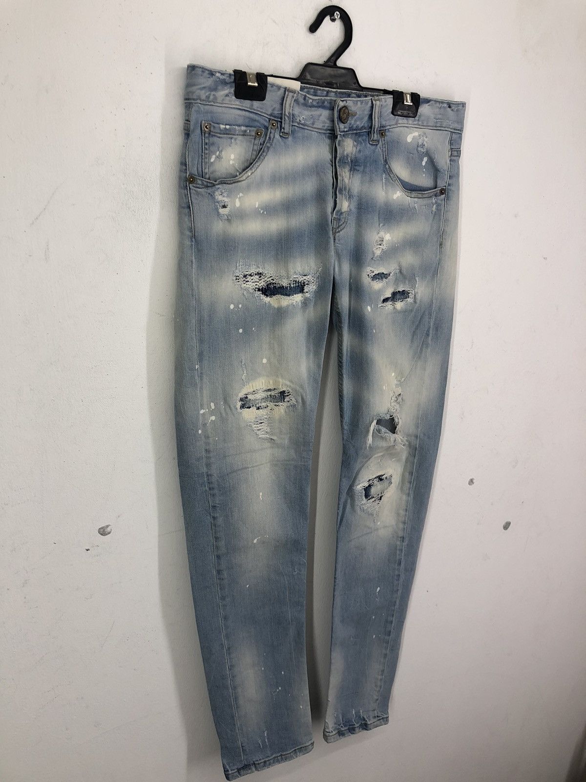 Japanese Brand PMDS Paint Splatter Ripped Skinny Faded Blue Jeans Size US 30 / EU 46 - 3 Thumbnail
