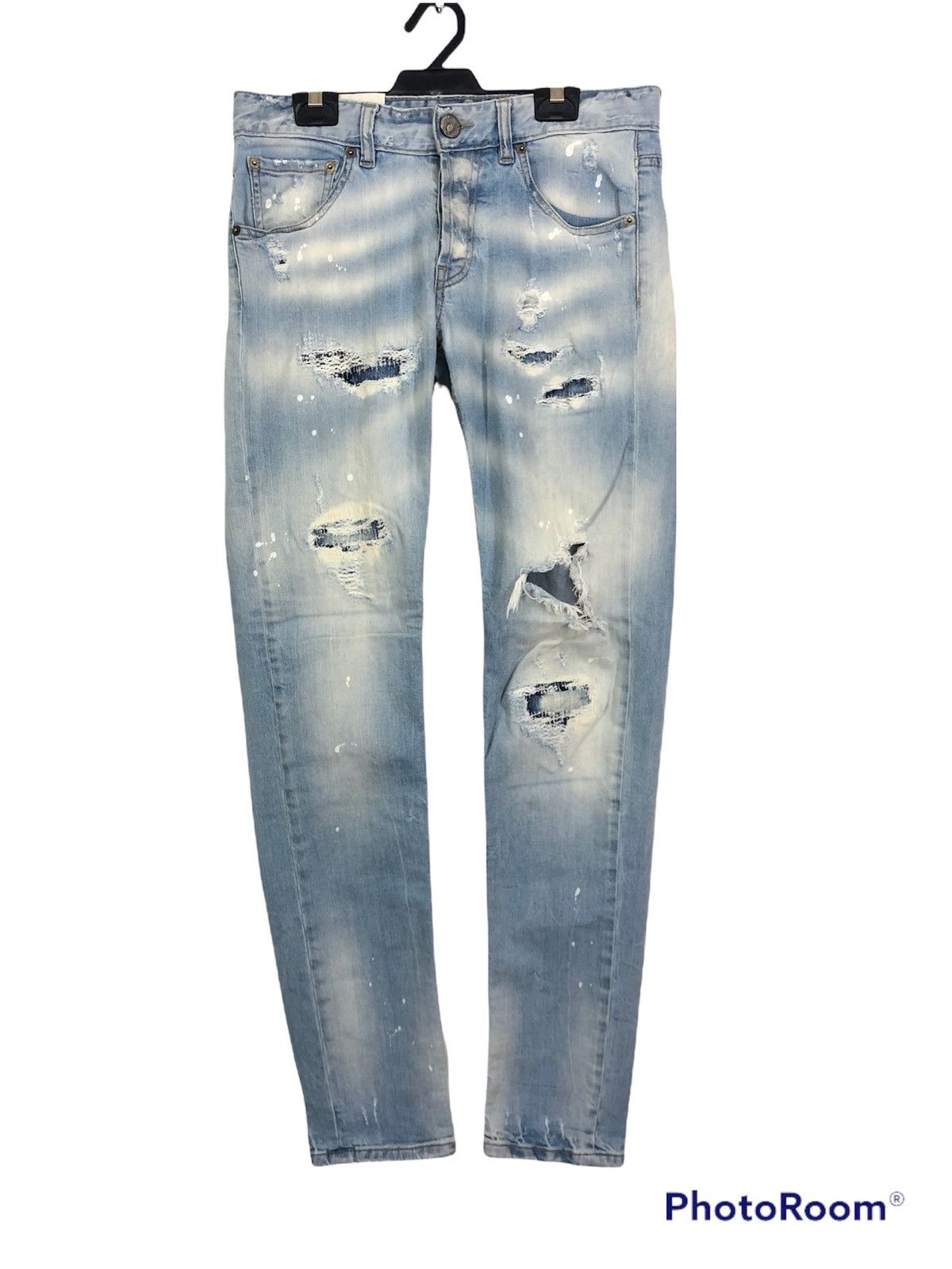 Japanese Brand PMDS Paint Splatter Ripped Skinny Faded Blue Jeans Size US 30 / EU 46 - 1 Thumbnail