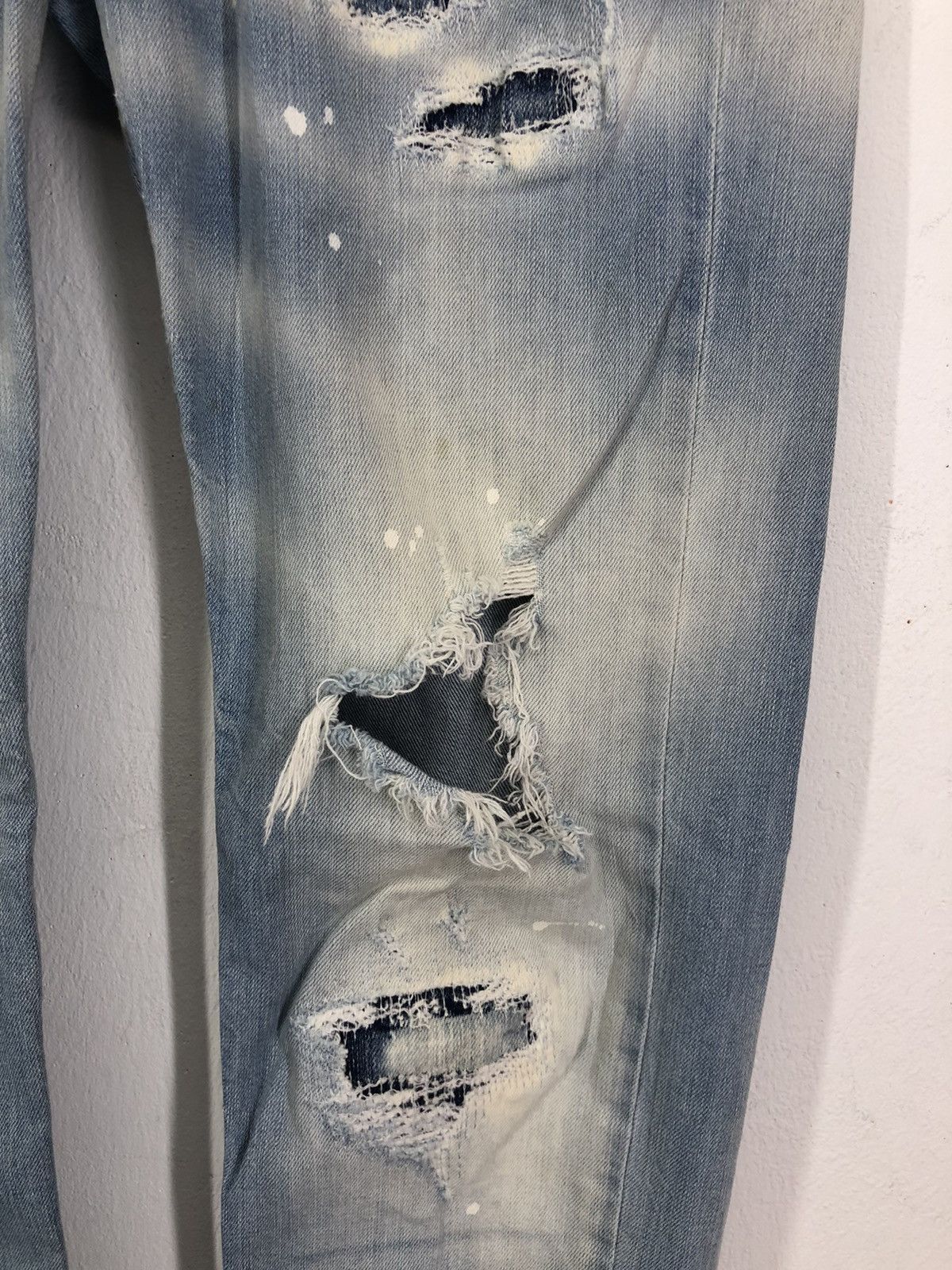Japanese Brand PMDS Paint Splatter Ripped Skinny Faded Blue Jeans Size US 30 / EU 46 - 9 Thumbnail