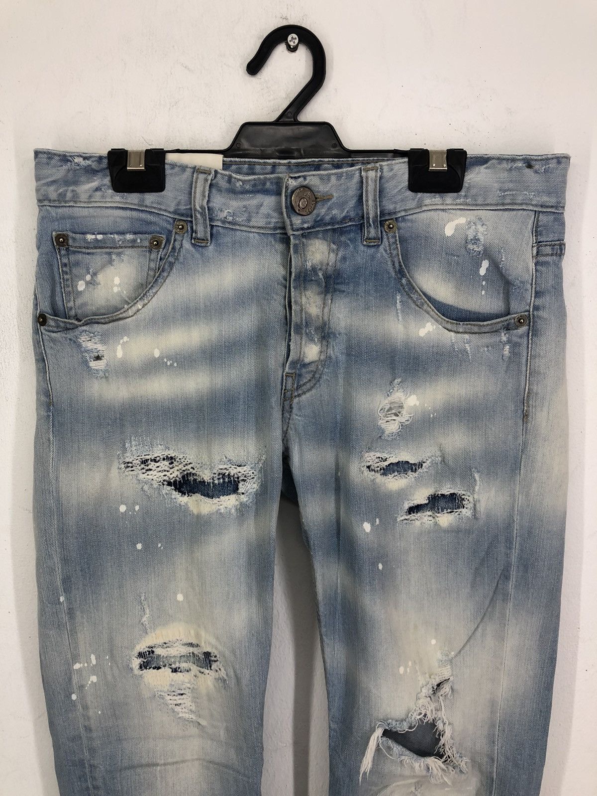 Japanese Brand PMDS Paint Splatter Ripped Skinny Faded Blue Jeans Size US 30 / EU 46 - 4 Thumbnail