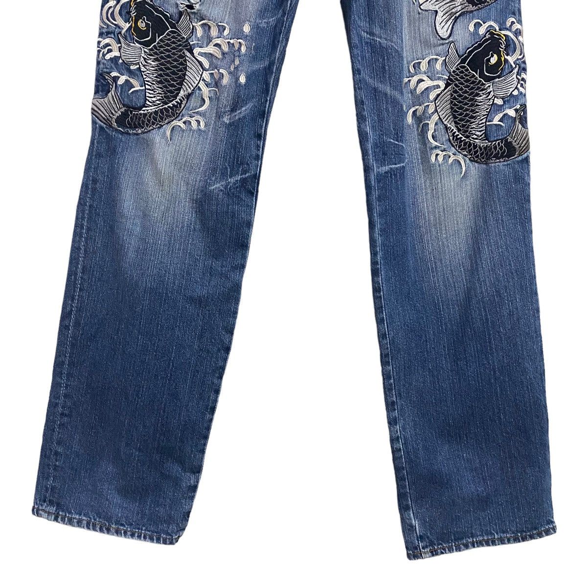 Karakuri Tamashii Japanese Traditional Denim Embroidery Fish Koi Jeans Size US 30 / EU 46 - 9 Thumbnail