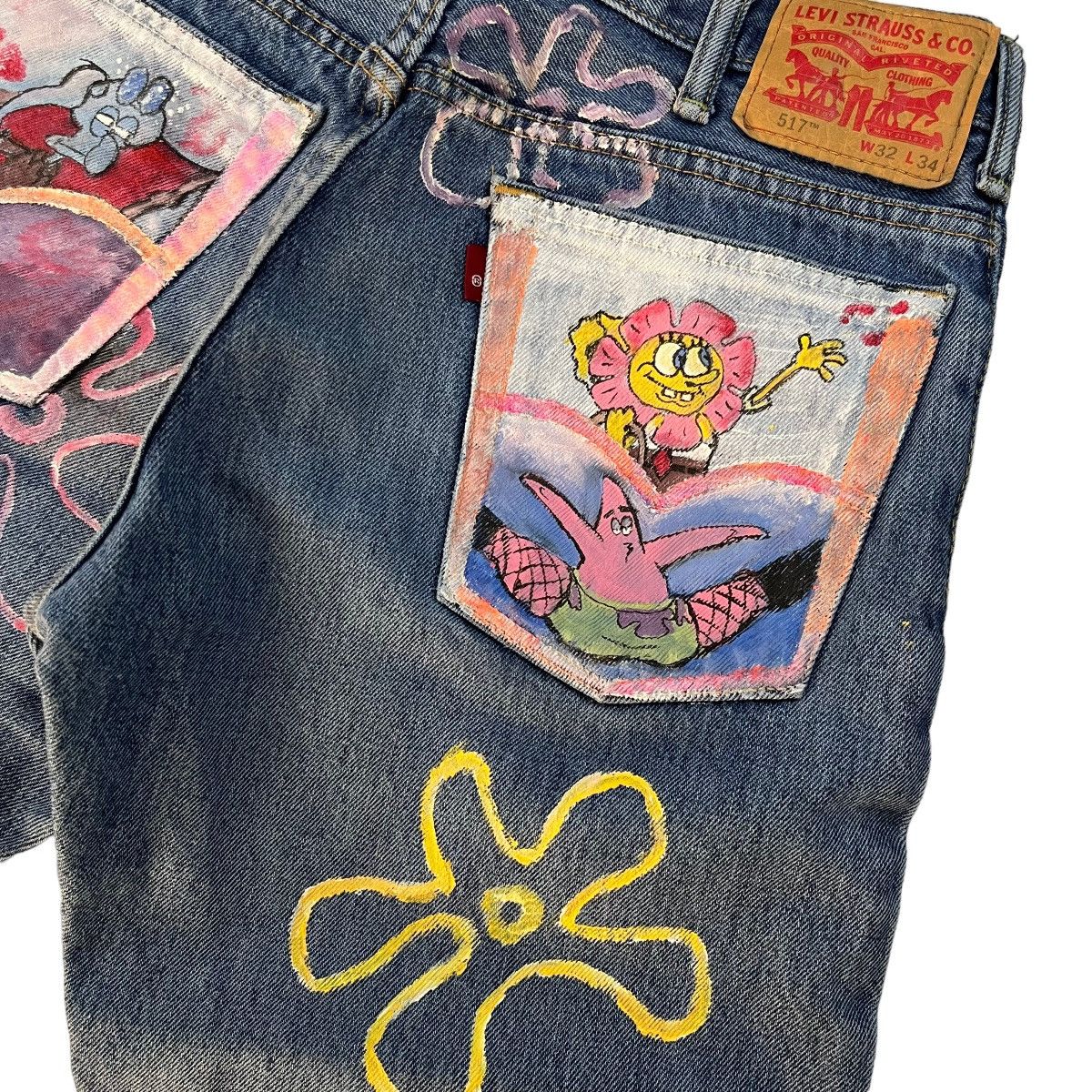 Japanese Brand × Vintage SpongeBob SquarePants Cartoon Painted Levi 517 Denim Jeans Size US 34 / EU 50 - 4 Thumbnail