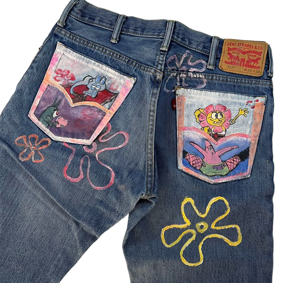 Japanese Brand × Vintage SpongeBob SquarePants Cartoon Painted Levi 517 Denim Jeans Size US 34 / EU 50 - 3 Thumbnail