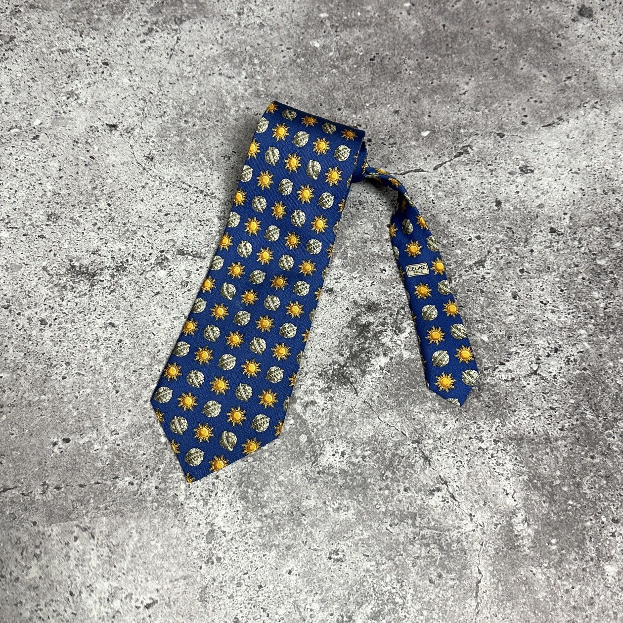 Vintage 90s Celine 100% Silk Neck Tie Moon & Sun Monogram