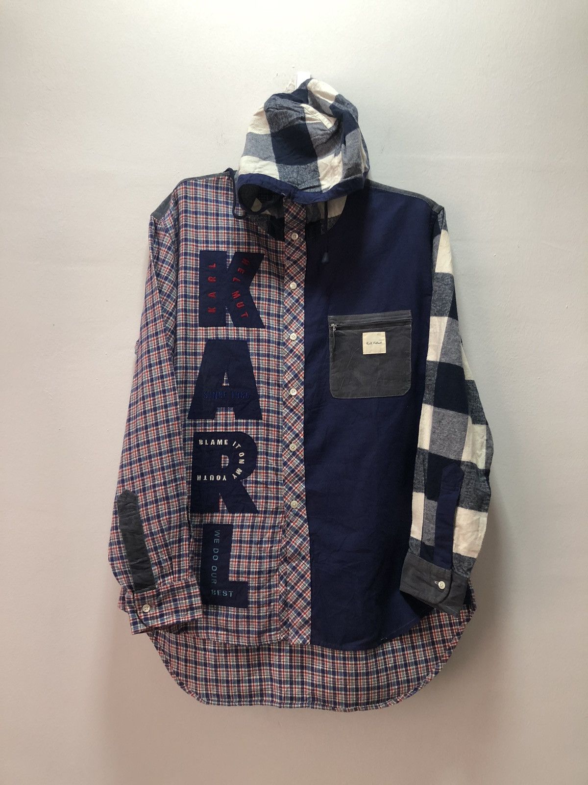 KARL HELMUT Shirt Flannel Hoodie Patchwork Pink House Lang
