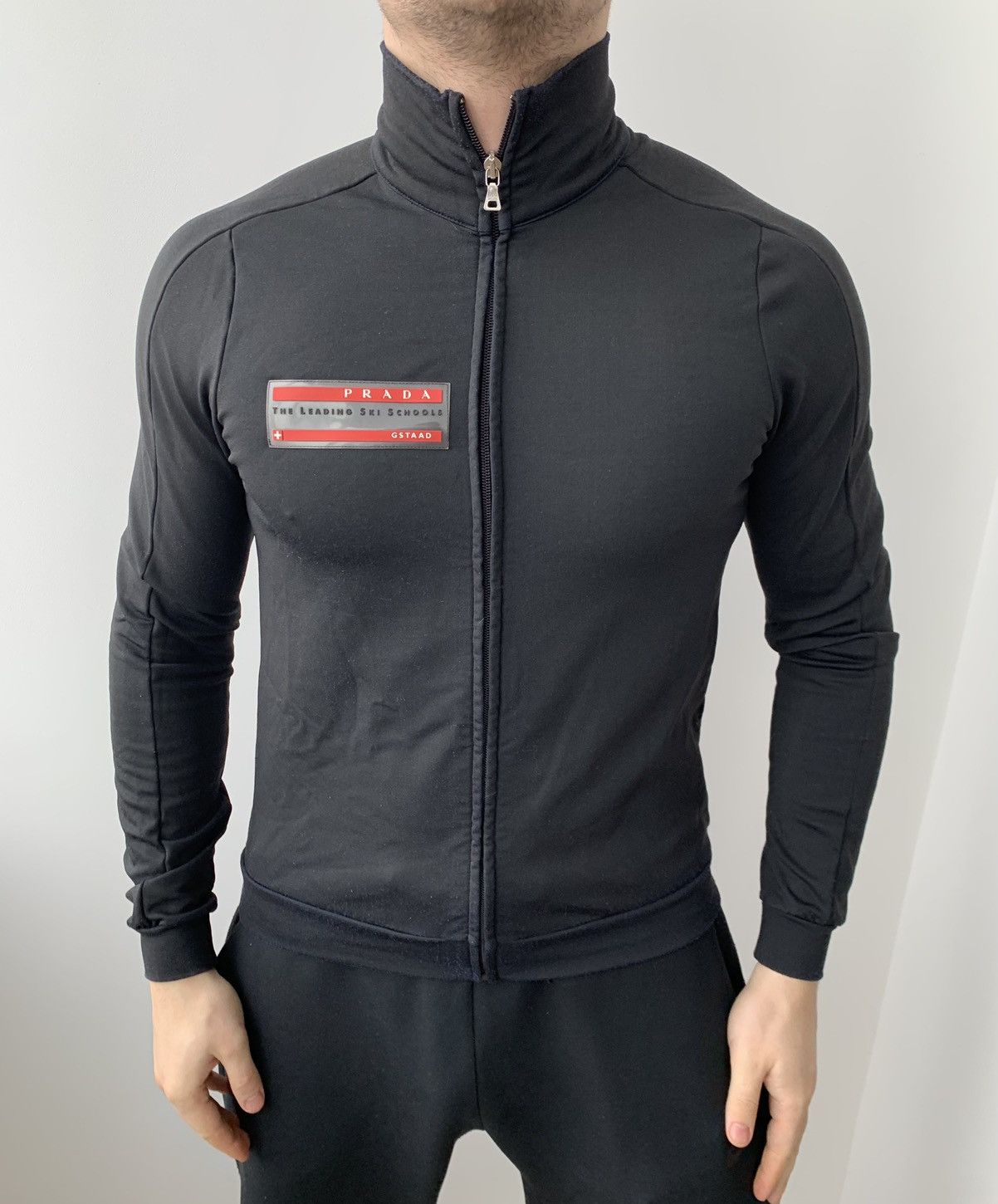 Image of Prada Gstaad Ski Logo Track Top Black Logo Jacke, Men's (Size Small)