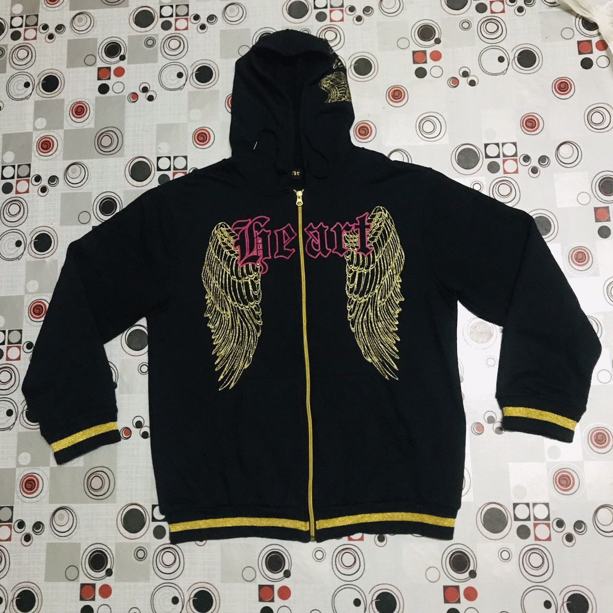 Vintage Heart Angel Wings Overprint Hoodie Zip Ups