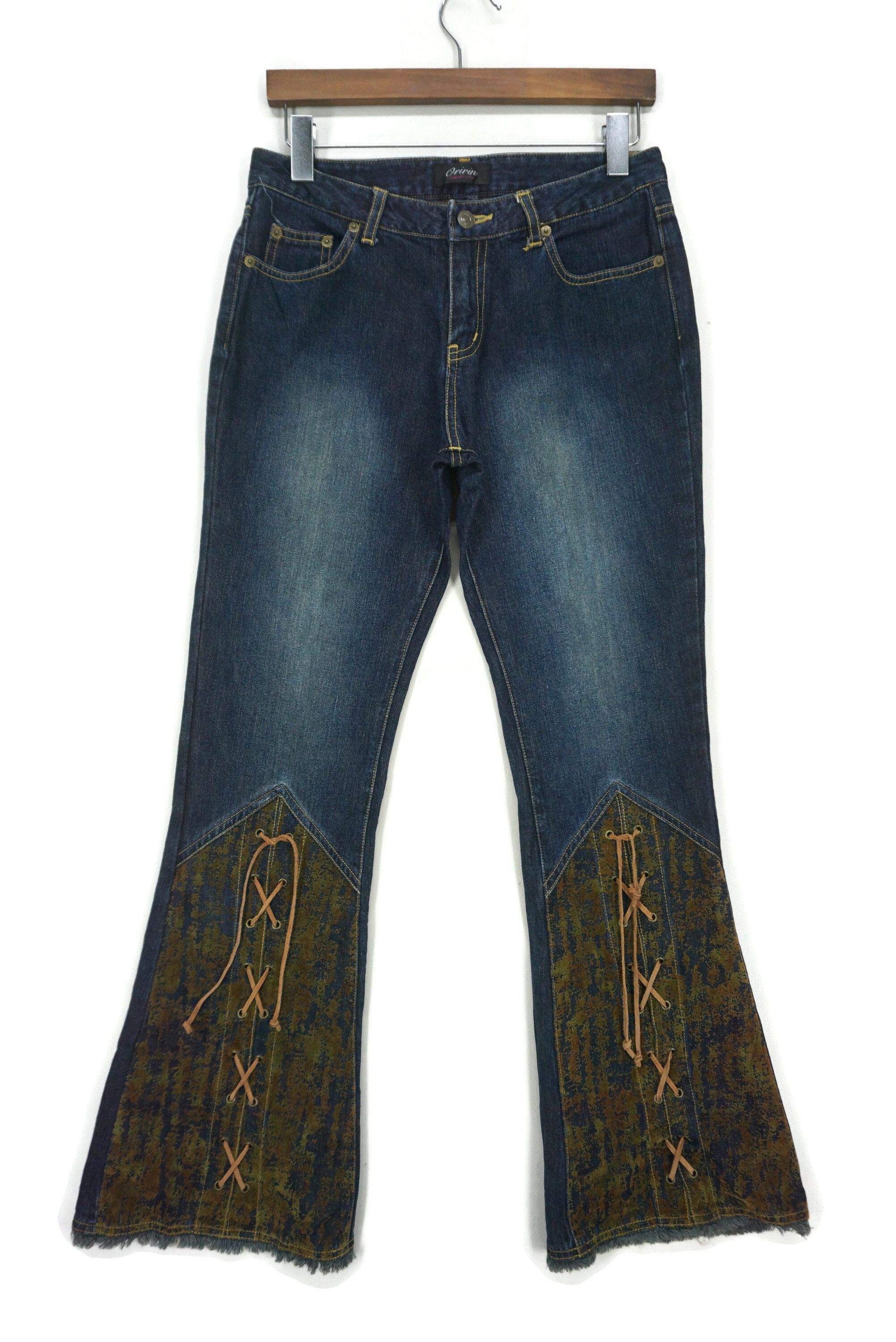 image of Rodeo x Workers Bootcut Dungarees Oririn Hickory Flare Embellished Pants in Blue, Women's (Size 26)