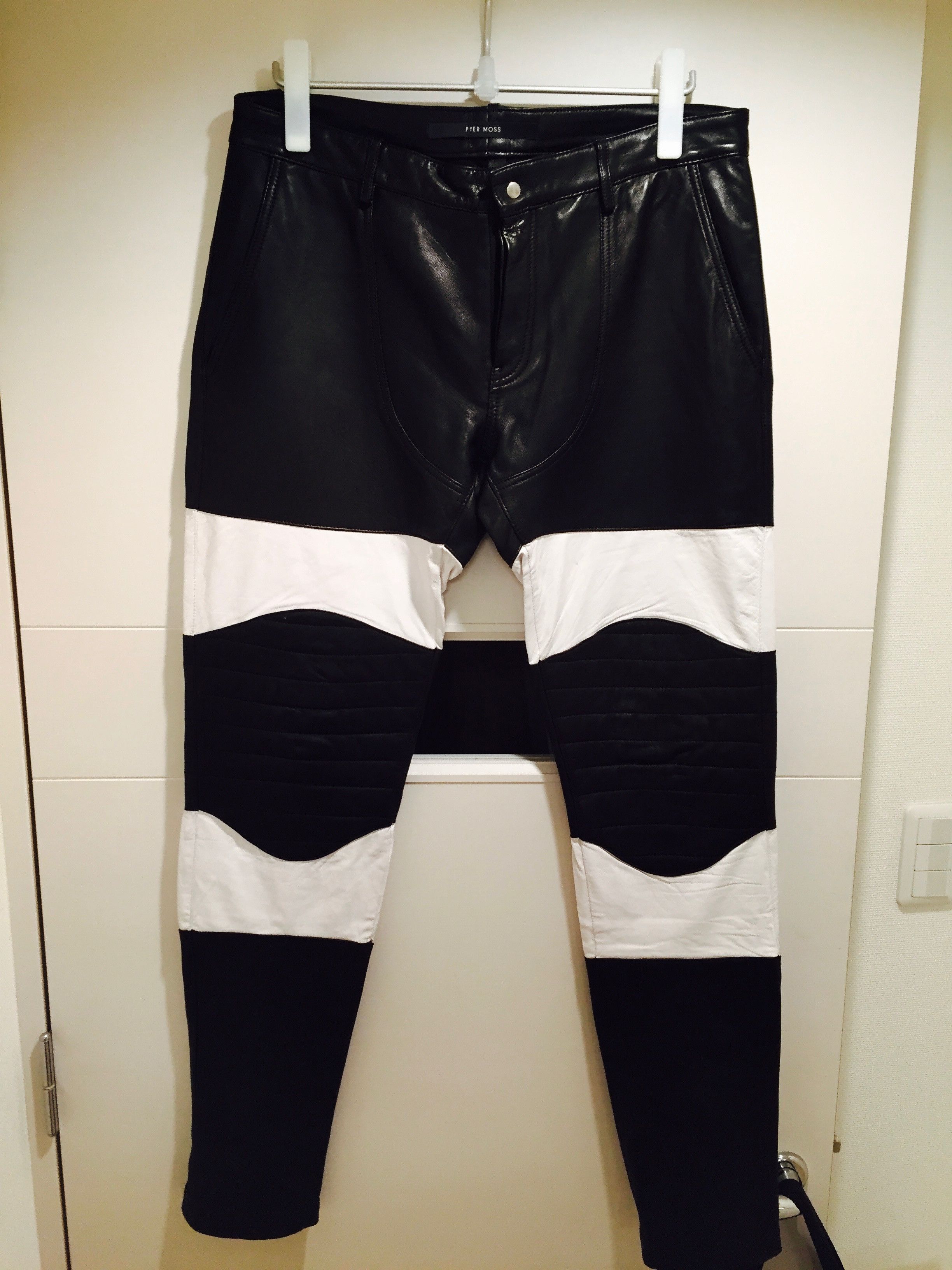 Pyer Moss COLOURBLOCK TWO TONE LAMBSKIN LEATHER MOTORCYCLE BIKER PANTS Size US 33 - 3 Thumbnail