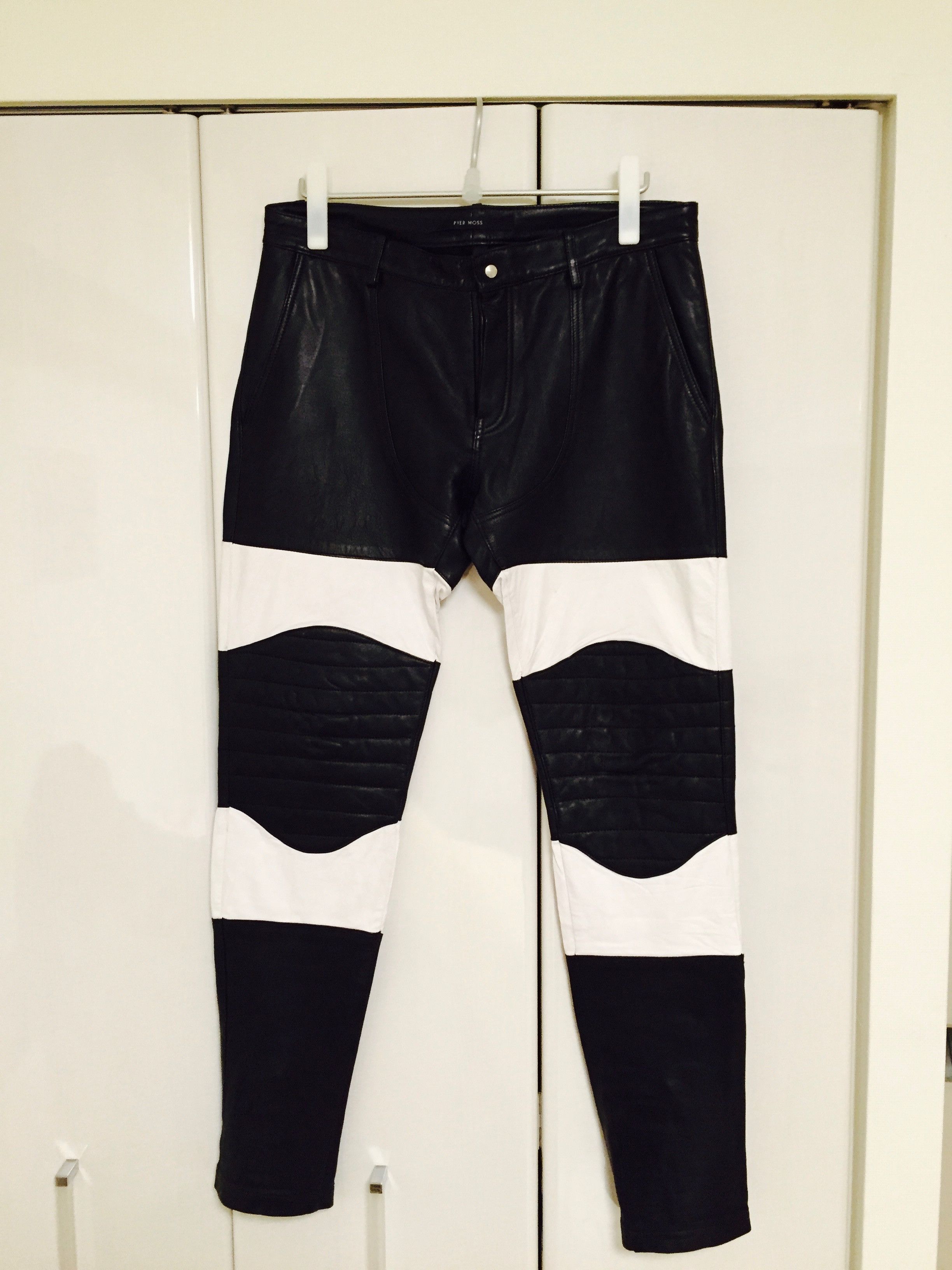 Pyer Moss COLOURBLOCK TWO TONE LAMBSKIN LEATHER MOTORCYCLE BIKER PANTS Size US 33 - 2 Thumbnail