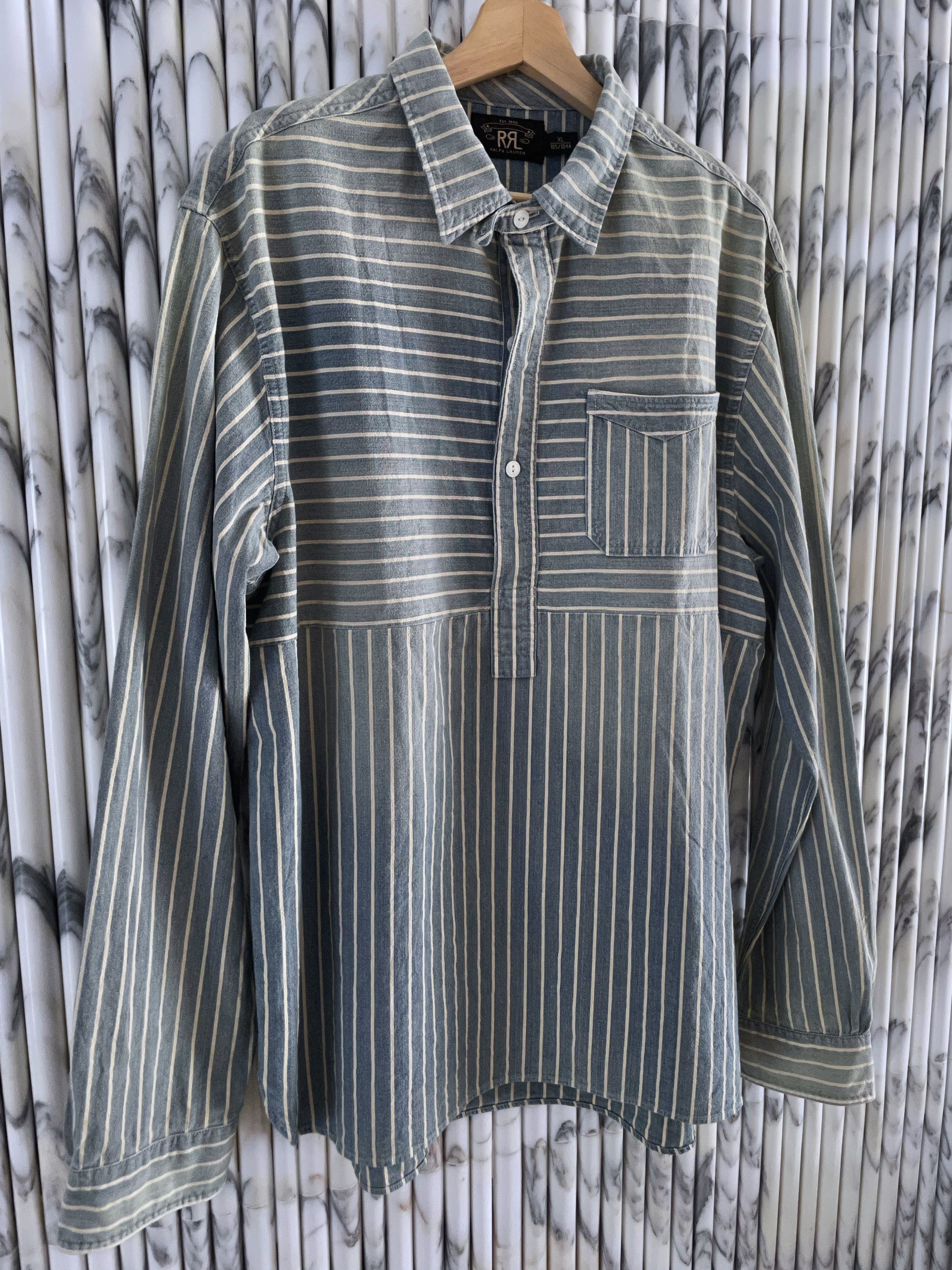 RRL Ralph Lauren VINTAGE FADED COTTON OFF WHITE STRIPES OVERSHIRT Size US XL / EU 56 / 4 - 2 Thumbnail