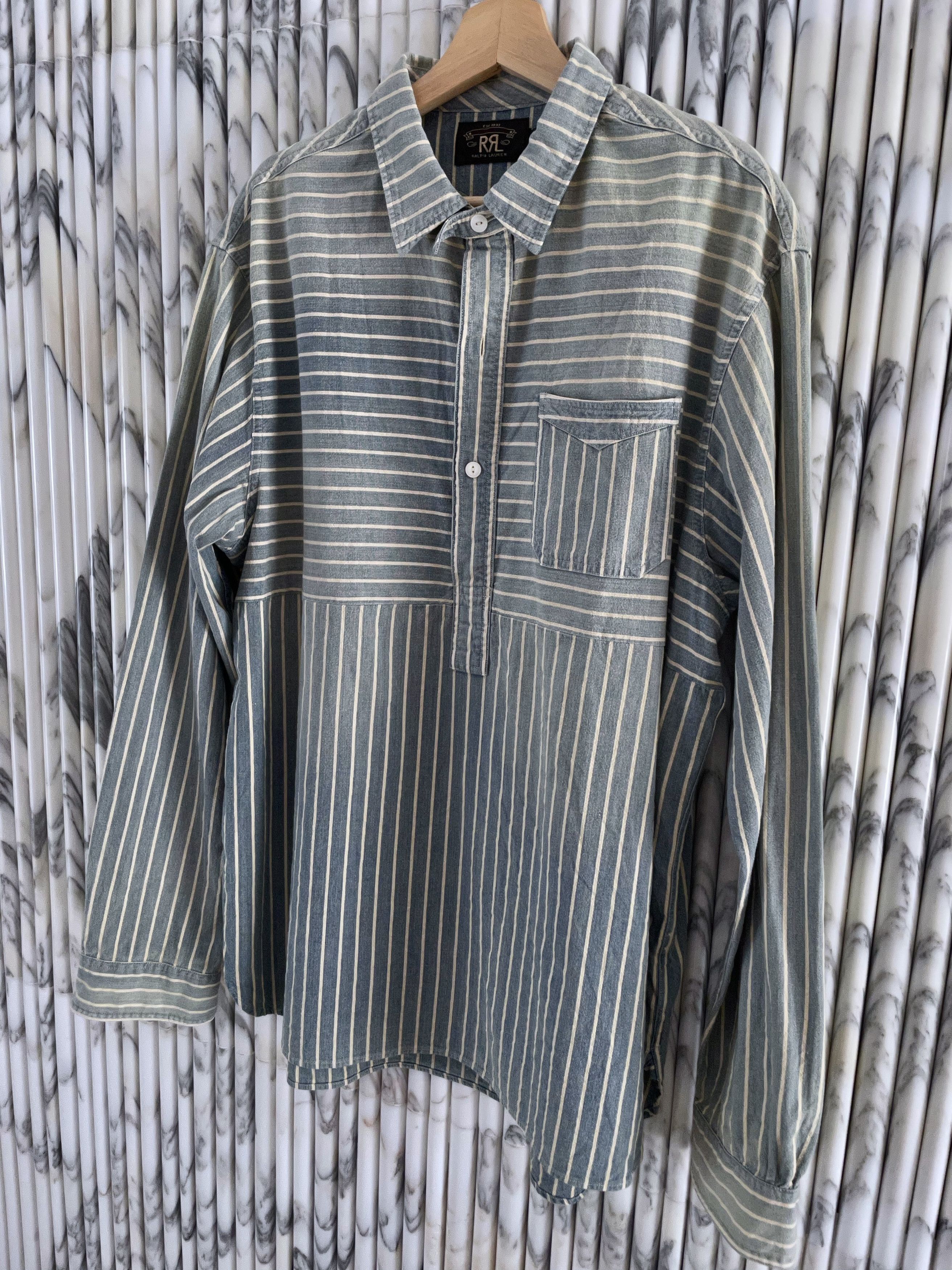 RRL Ralph Lauren VINTAGE FADED COTTON OFF WHITE STRIPES OVERSHIRT Size US XL / EU 56 / 4 - 3 Thumbnail