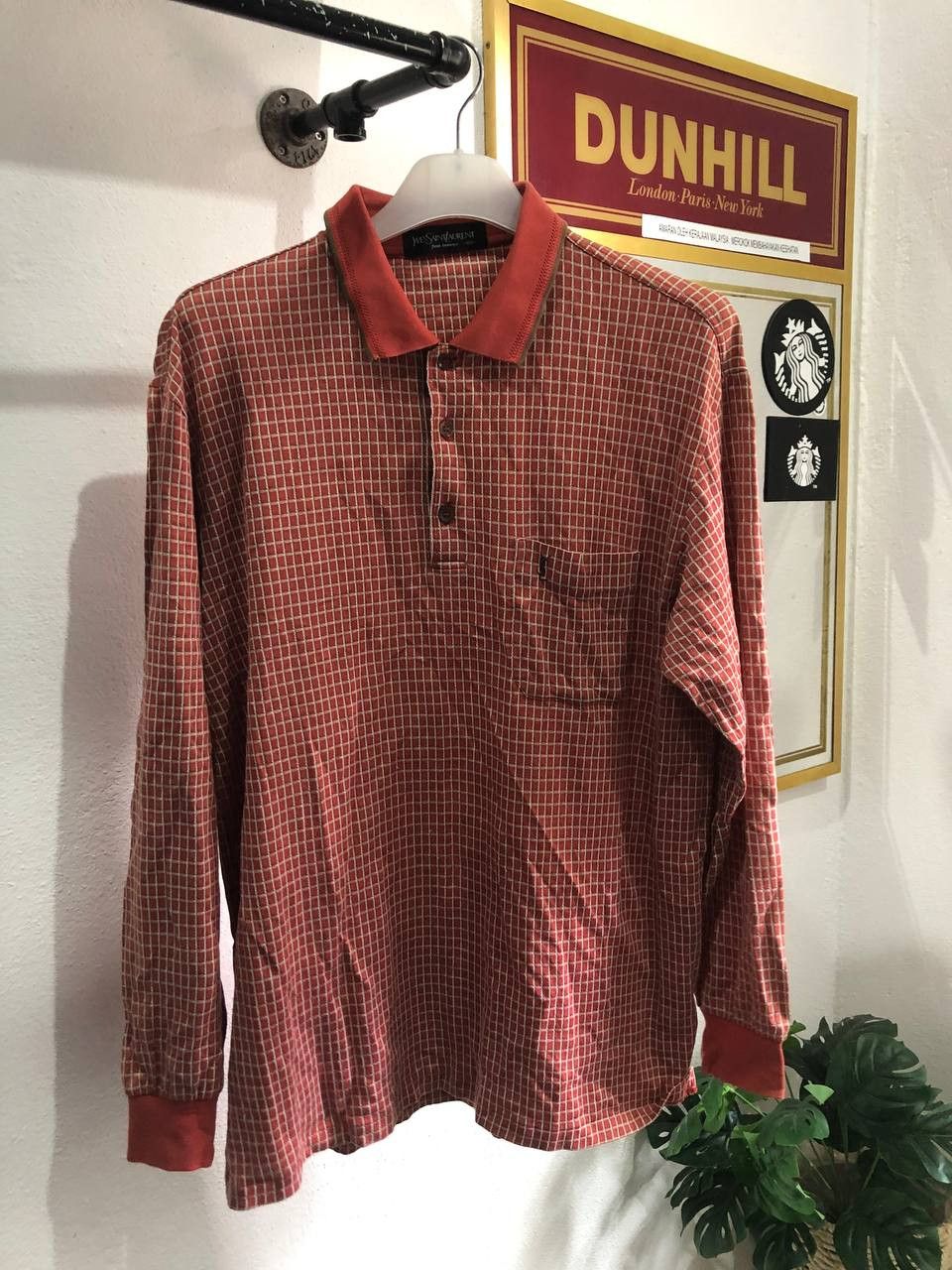 Yves Saint Lauren small plaid long sleeve polo shirt