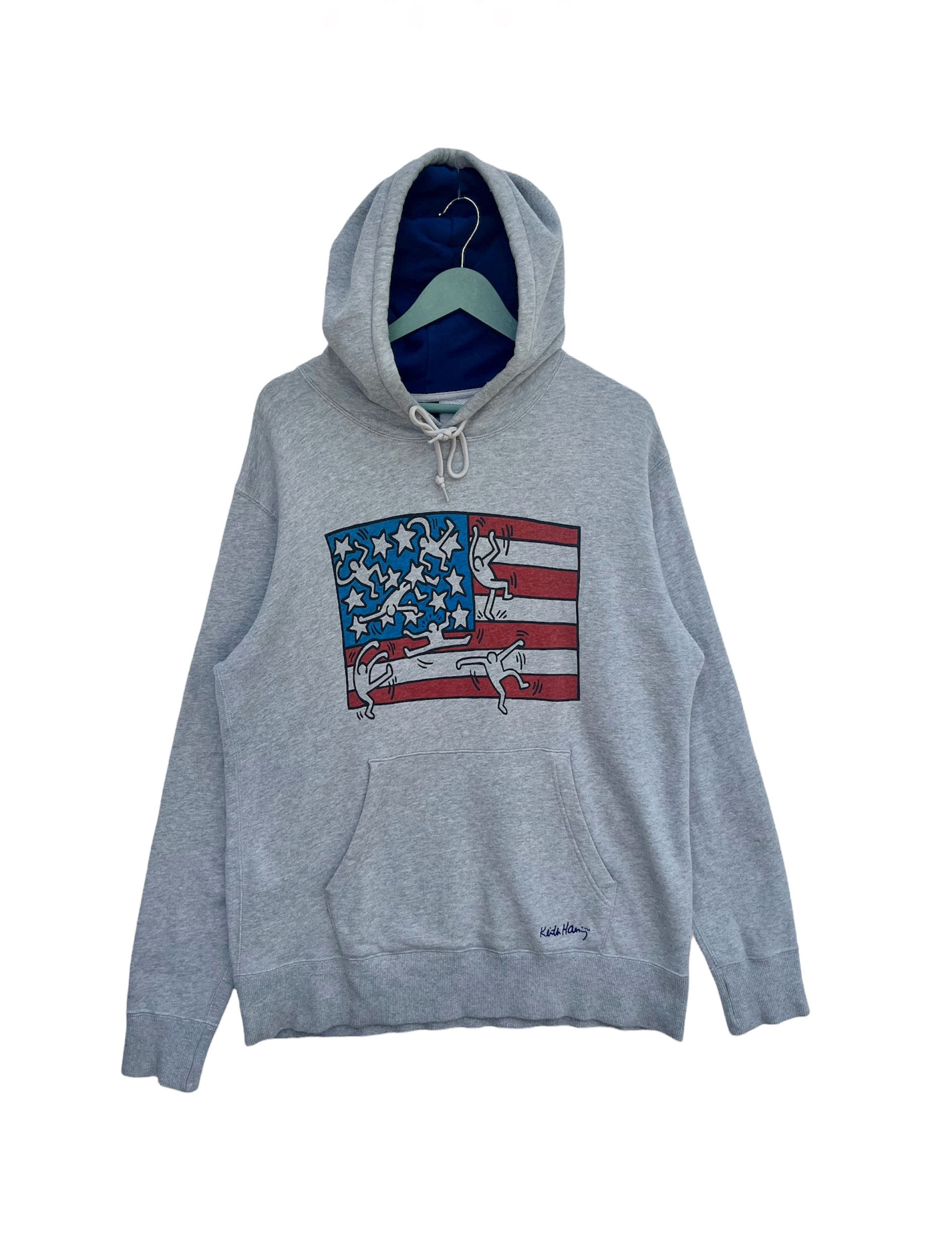 image of Art x Keith Haring Vintage Y2K Keith Haring American Flag Hoodie in Grey, Men's (Size XL)