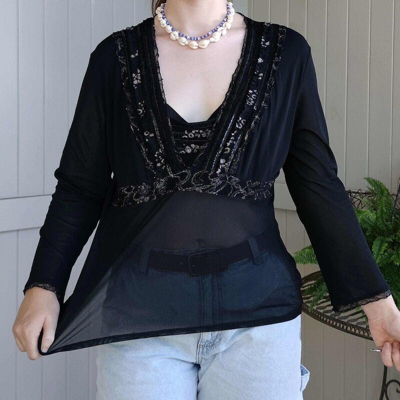 Designer Vintage 90s Y2K Anthea Crawford Top Mesh Embellished Goth Size XL / US 12-14 / IT 48-50 - 3 Thumbnail