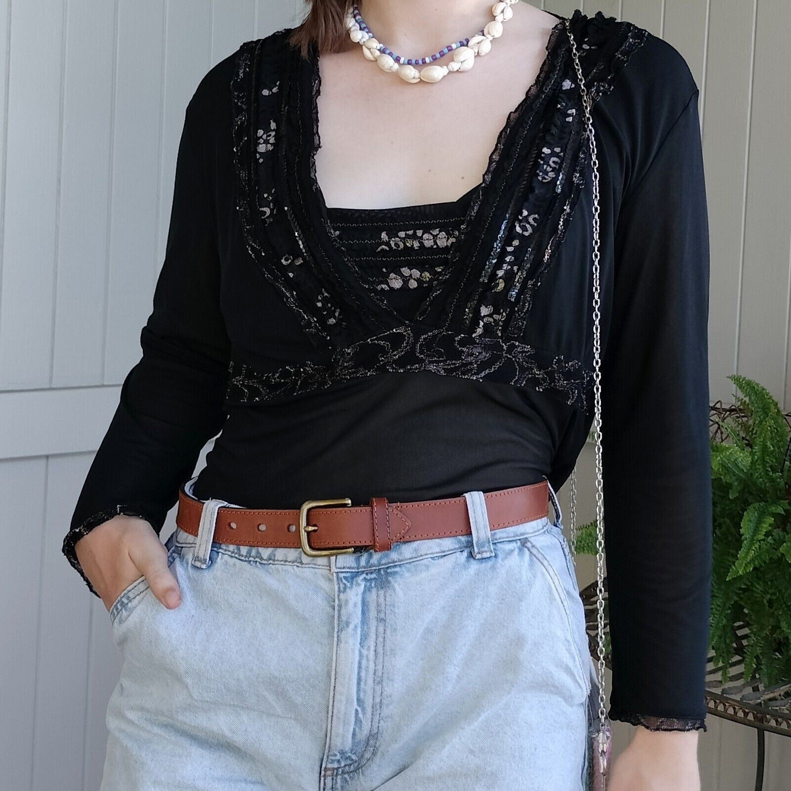 Designer Vintage 90s Y2K Anthea Crawford Top Mesh Embellished Goth Size XL / US 12-14 / IT 48-50 - 4 Thumbnail
