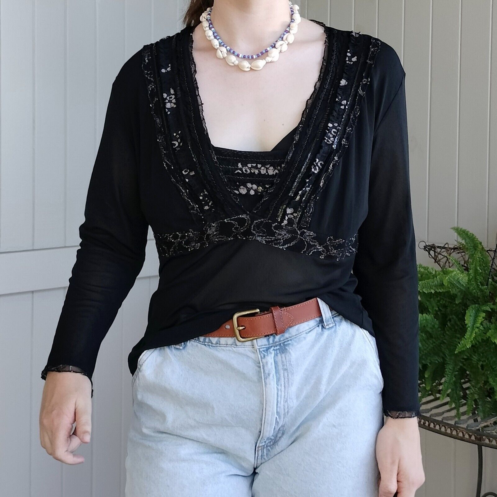 Designer Vintage 90s Y2K Anthea Crawford Top Mesh Embellished Goth Size XL / US 12-14 / IT 48-50 - 2 Thumbnail