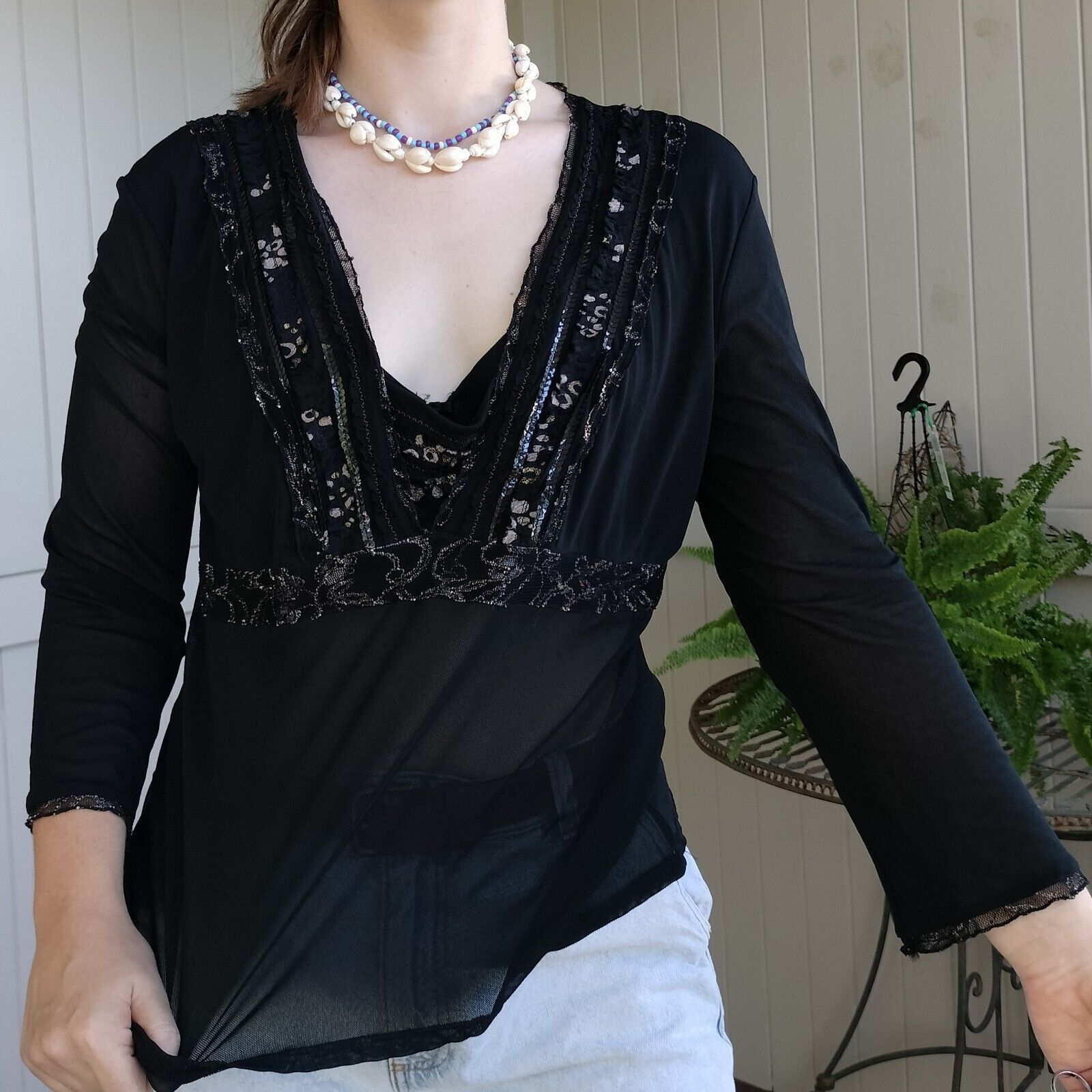 Designer Vintage 90s Y2K Anthea Crawford Top Mesh Embellished Goth Size XL / US 12-14 / IT 48-50 - 5 Thumbnail