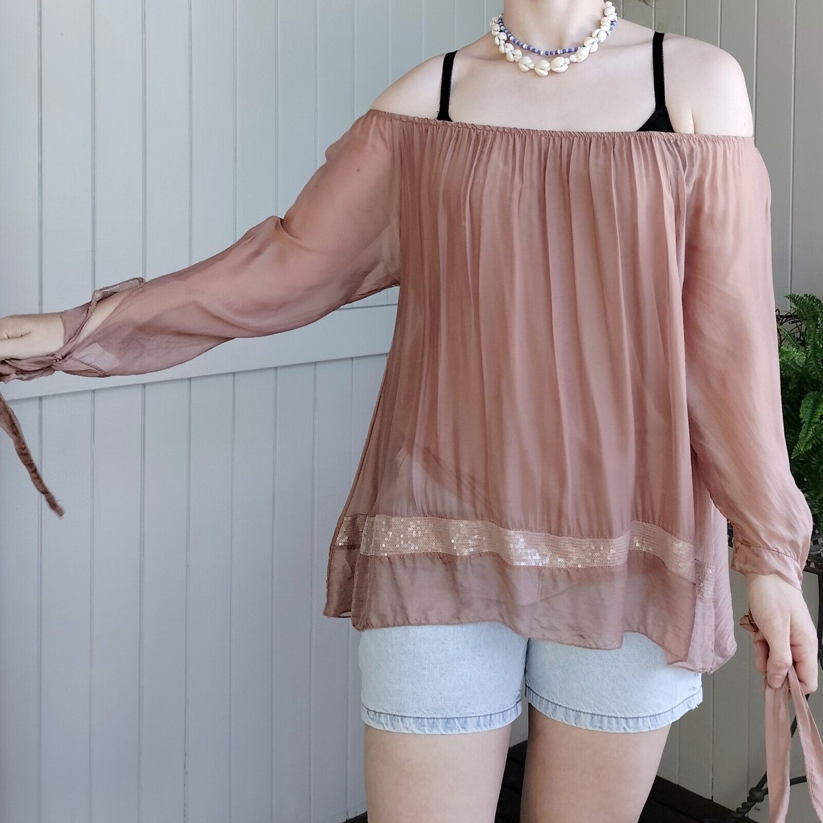 Designer Imagine Italy Top Blouse Mocha Off Shoulder Silk Overlay Size ONE SIZE - 3 Thumbnail