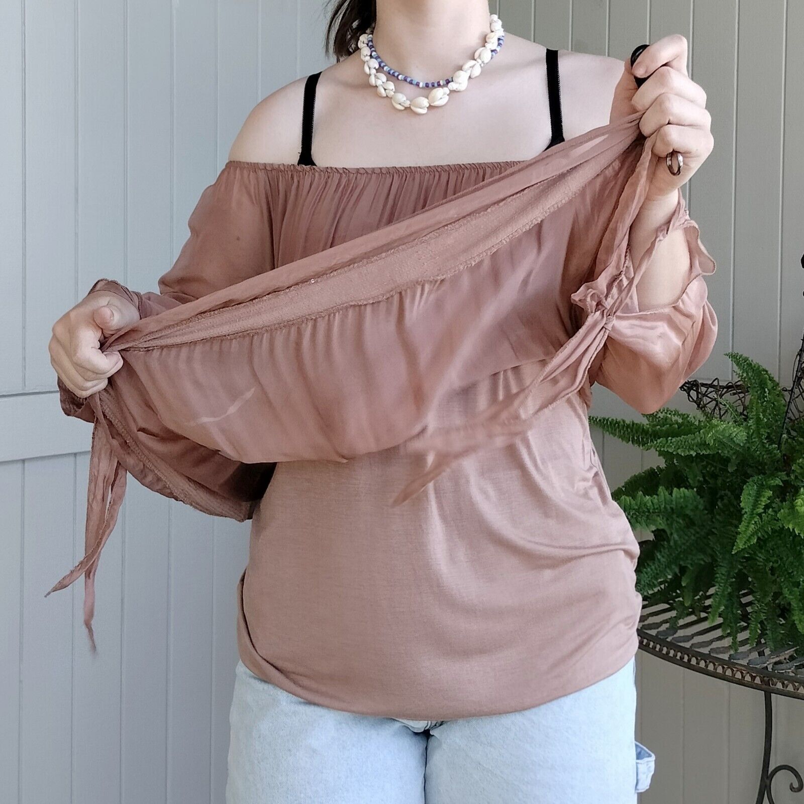 Designer Imagine Italy Top Blouse Mocha Off Shoulder Silk Overlay Size ONE SIZE - 6 Thumbnail