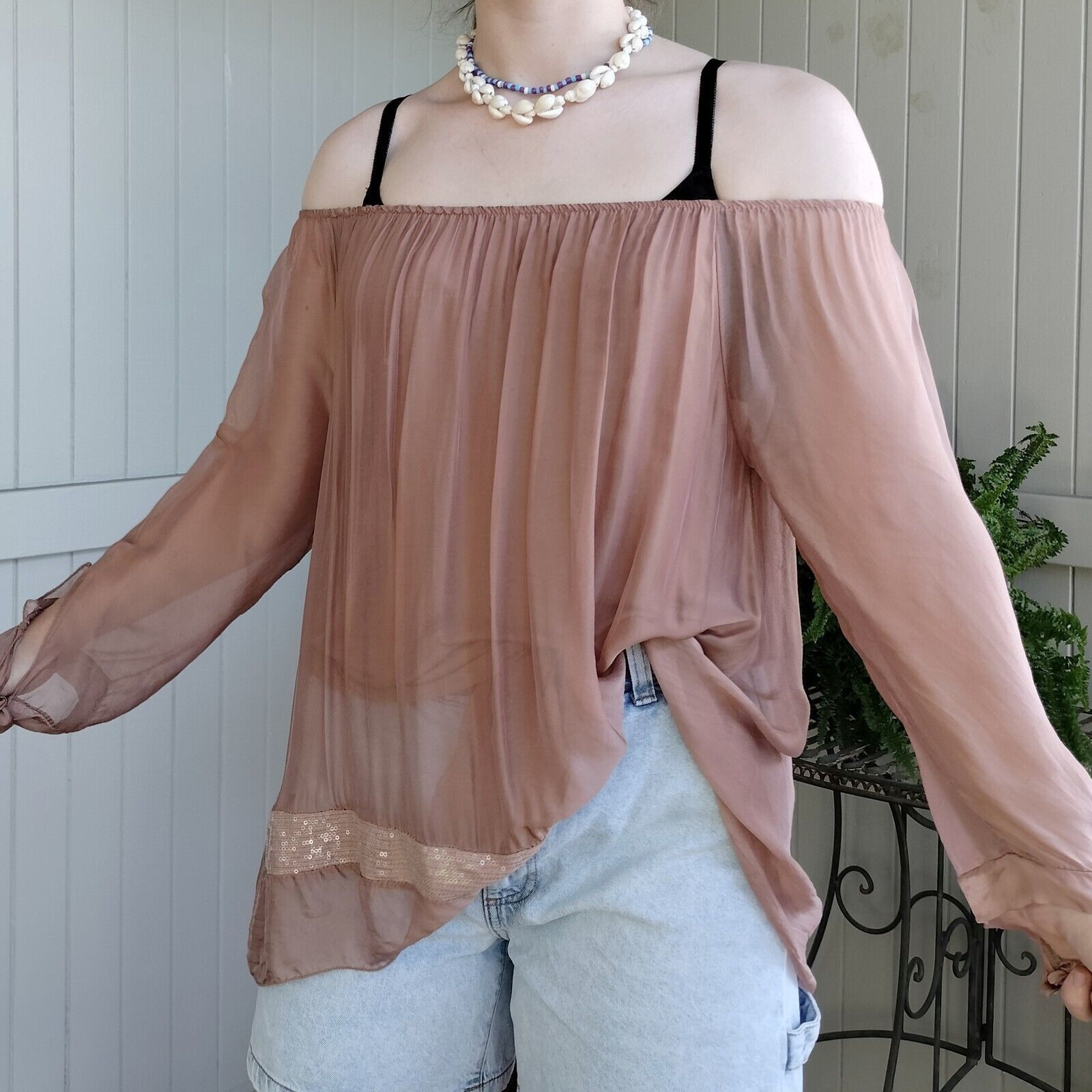 Designer Imagine Italy Top Blouse Mocha Off Shoulder Silk Overlay Size ONE SIZE - 5 Thumbnail