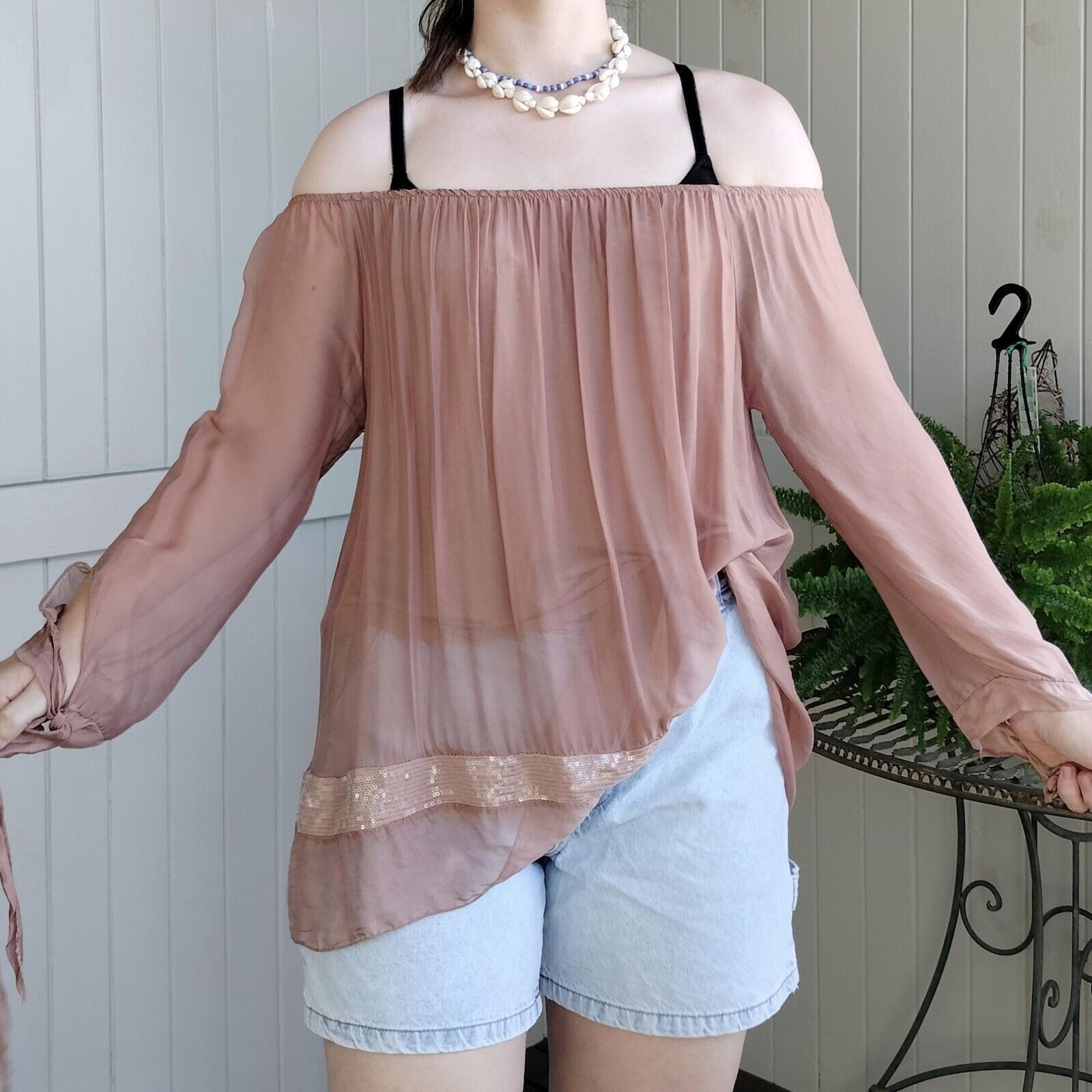 Designer Imagine Italy Top Blouse Mocha Off Shoulder Silk Overlay Size ONE SIZE - 1 Thumbnail