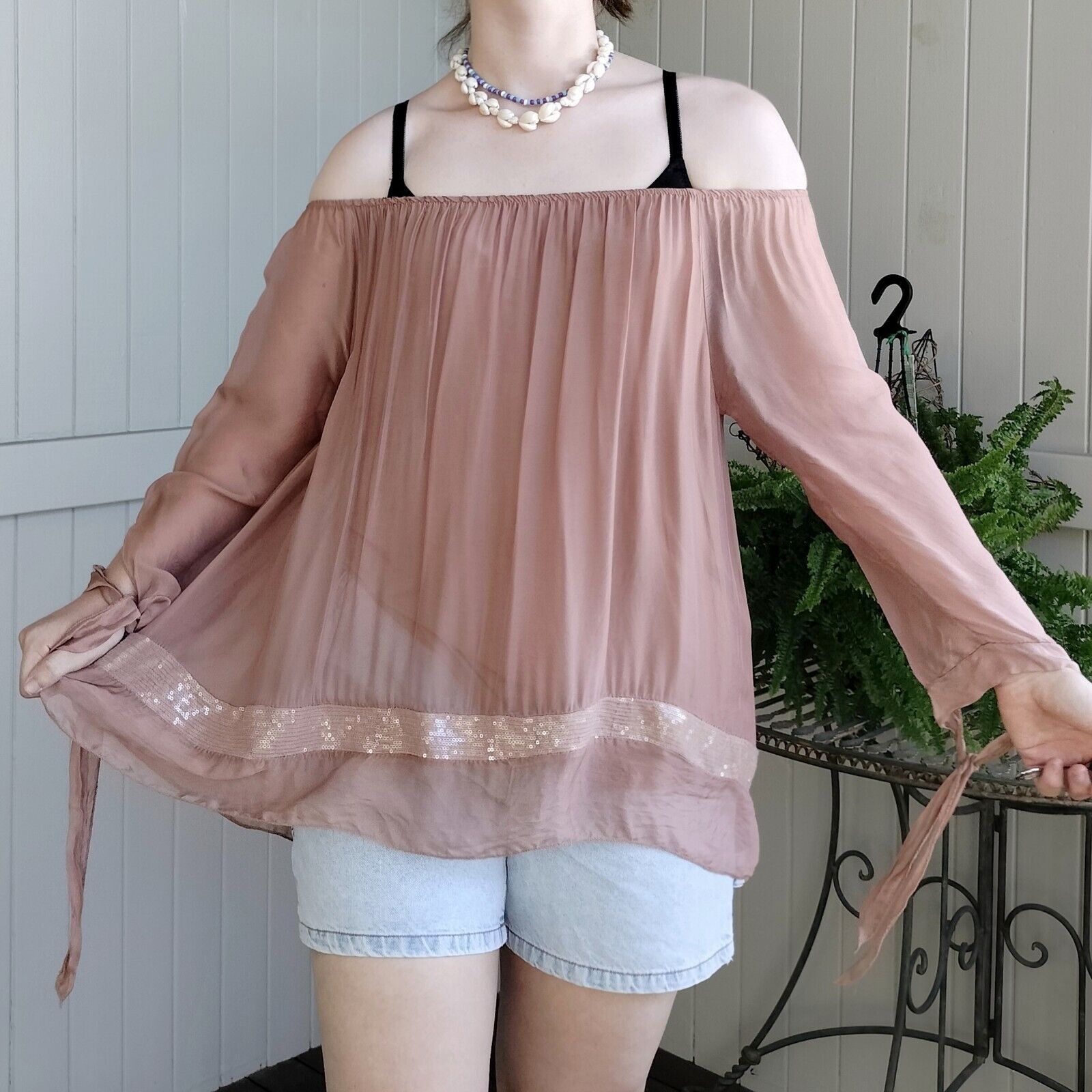Designer Imagine Italy Top Blouse Mocha Off Shoulder Silk Overlay Size ONE SIZE - 2 Thumbnail