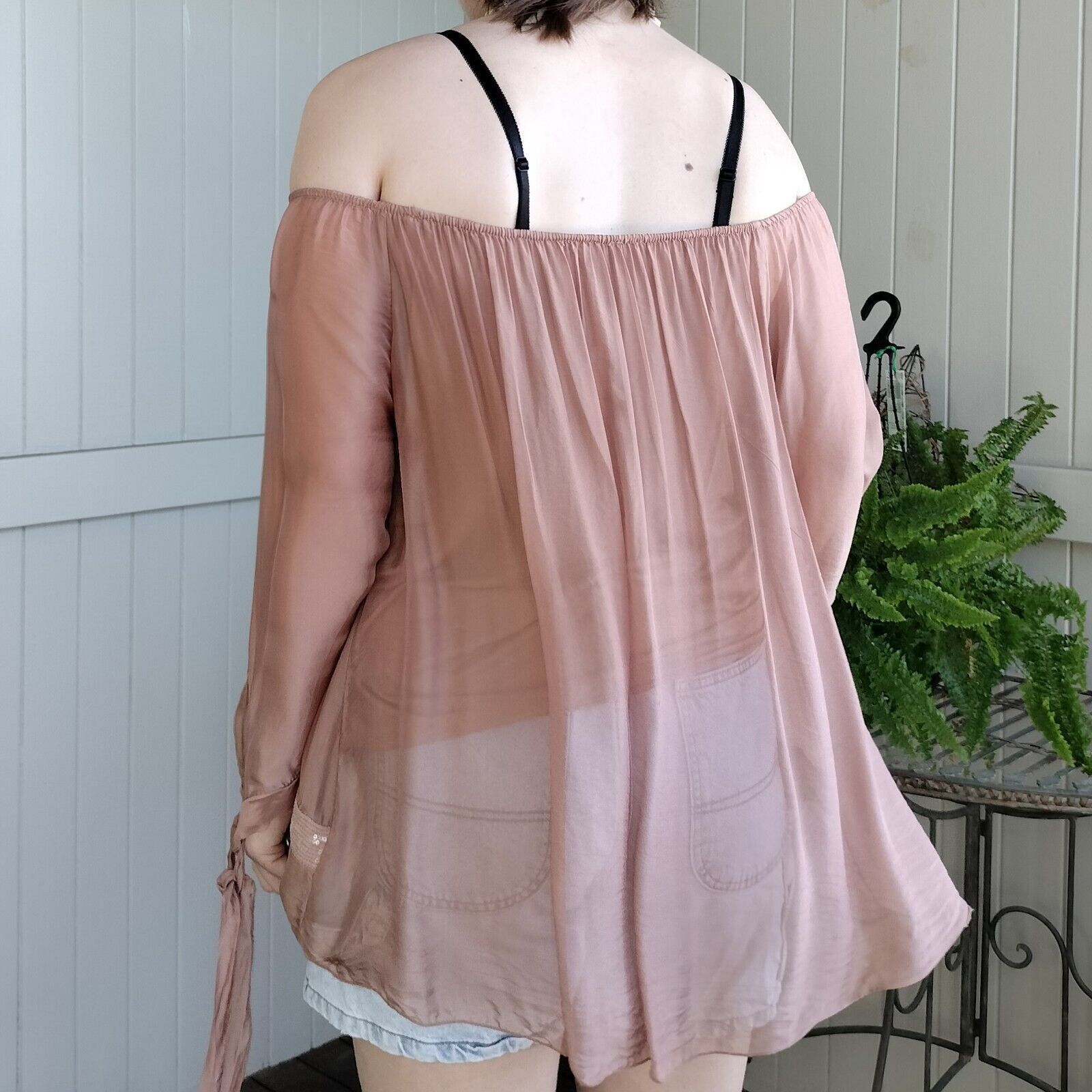 Designer Imagine Italy Top Blouse Mocha Off Shoulder Silk Overlay Size ONE SIZE - 4 Thumbnail