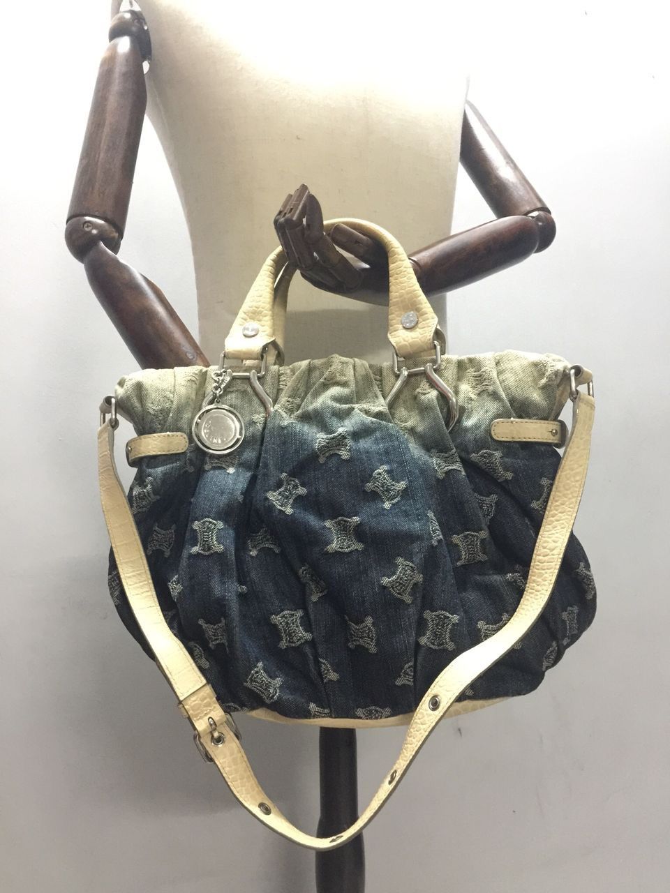 Celine Celine Blue Macadam Denim And Croc Embossed Leather Tote Size ONE SIZE - 3 Thumbnail